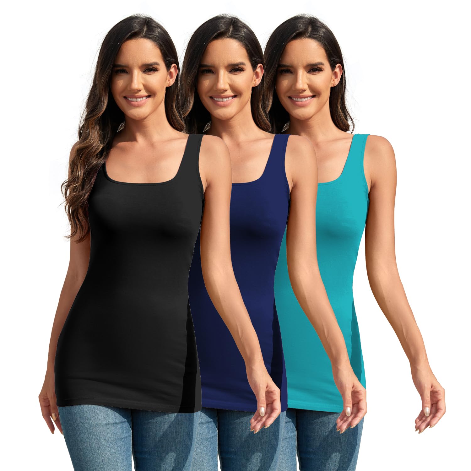 TAIPOVESquare Neck Long Tank Tops for Women Cotton Basic Layering Undershirt Slim Fit Gym Workout Camisoles 3 Packs