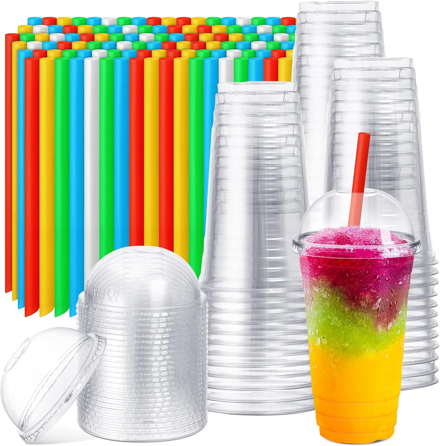 Lallisa 100 Sets Clear Plastic Cups with Dome Lids and Colorful Straws, Disposable Slushie Smoothie Cups PET Beverage for Party Iced Coffee Cold Drinks Juice Milkshake Fruit Tea Dessert(24 oz)