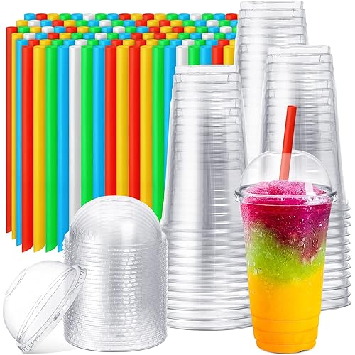 Lallisa 100 Sets Clear Plastic Cups with Dome Lids and Colorful Straws, Disposable Slushie Smoothie Cups PET Beverage for Party Iced Coffee Cold Drinks Juice Milkshake Fruit Tea Dessert(24 oz)