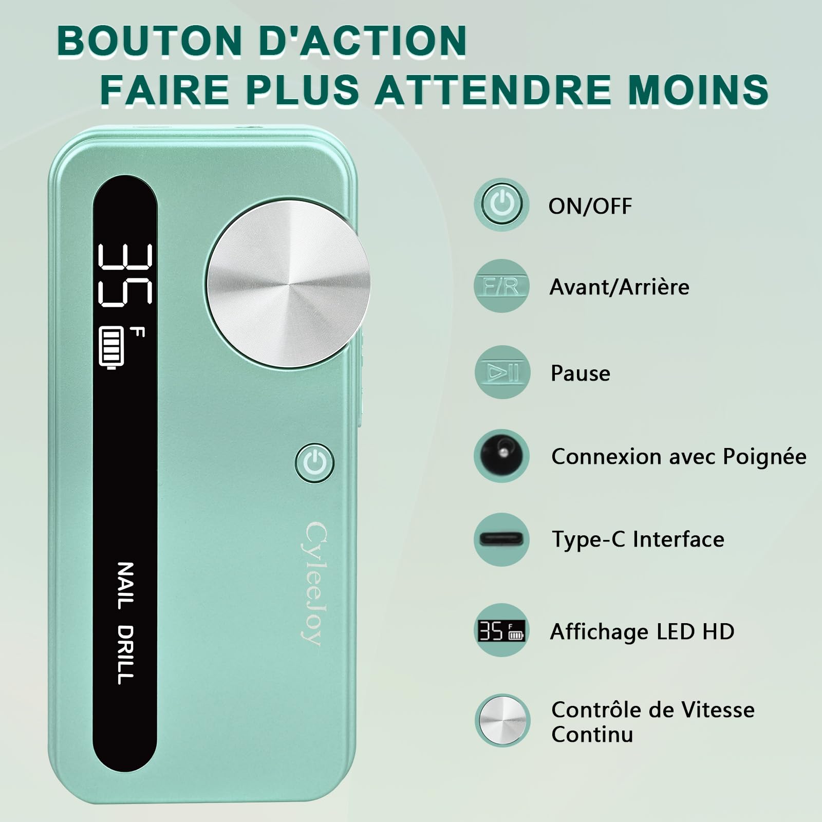 Ponceuse pour Ongles Professionnel 35000 RPM, 12 en 1 Lime a Ongle Electrique Portable, Ponceuse Ongle Sans Fil Rechargeable pour Acrylique/Gel, Machine à Ongles de Qualité Salon (Vert)