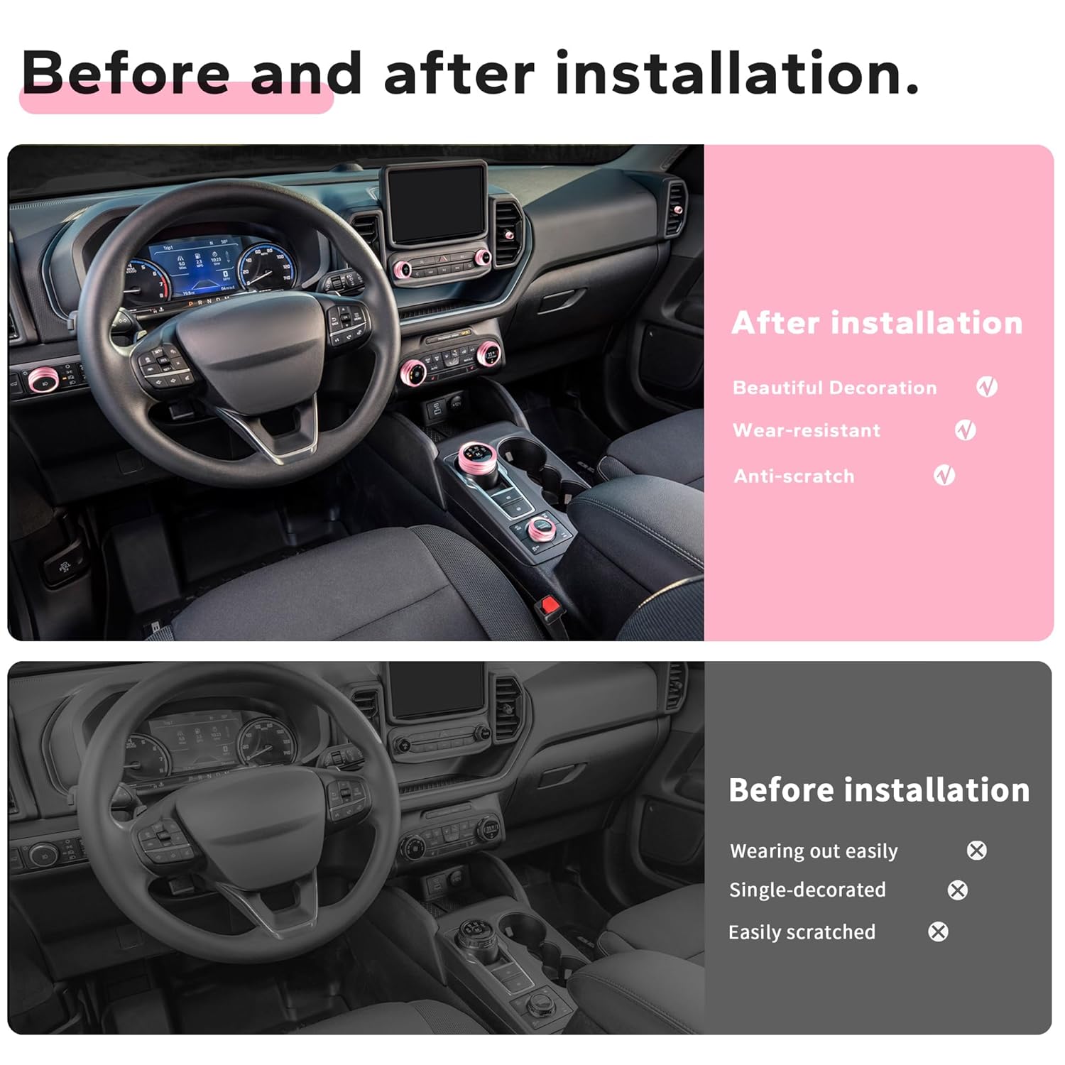 for Ford Bronco Sport Accessories 2021-2024 (No fits Bronco), 11pcs Aluminum Alloy Knob Cover Trim Kit - A/C, Vol Tune, Air Vents, Headlight, Gear Shift & Mode Switch (Pink)