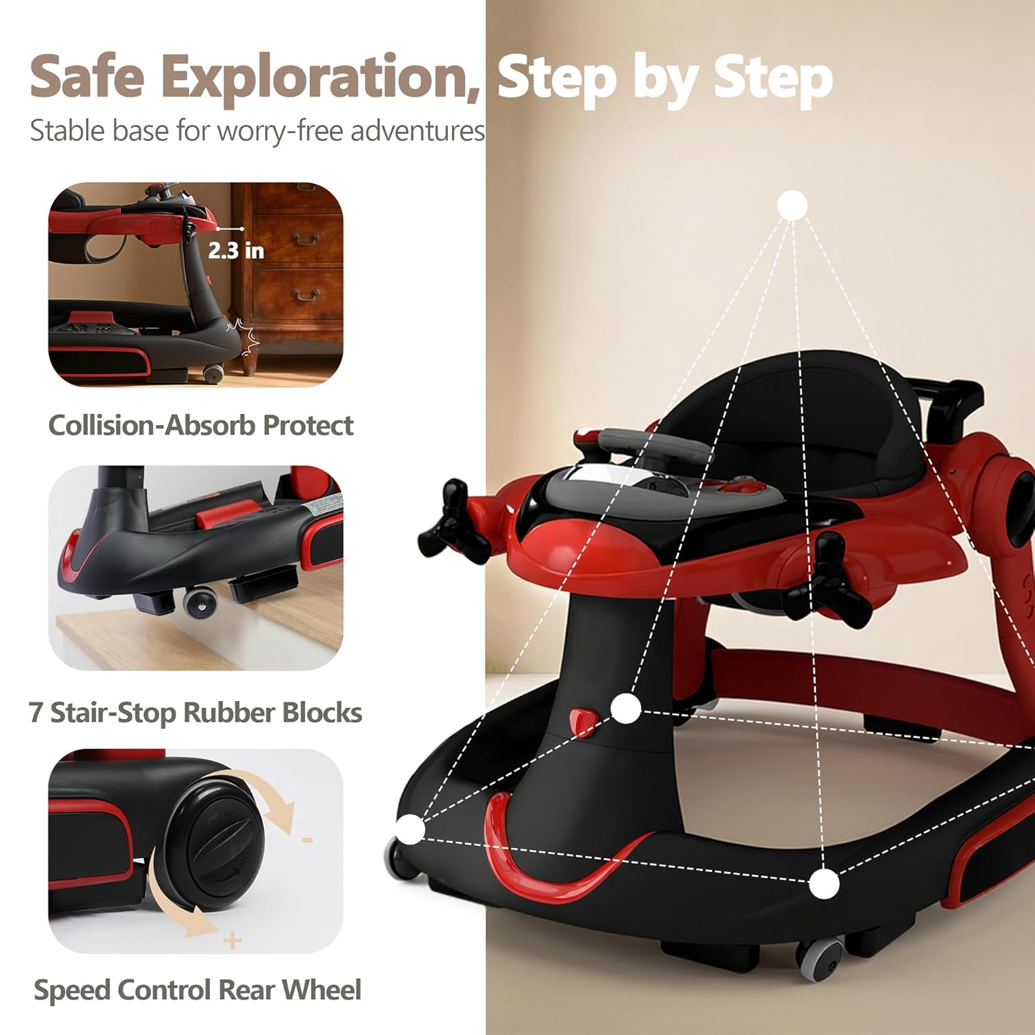 Kinder King 8-in-1 Baby Walker with Music & Lights, 3 Level Adjustable Height, Foldable Toddler Walker with Speed Adjustable Wheels, Easy to Clean, Baby Walkers for Boys & Girls 6-18 Months - Image 5