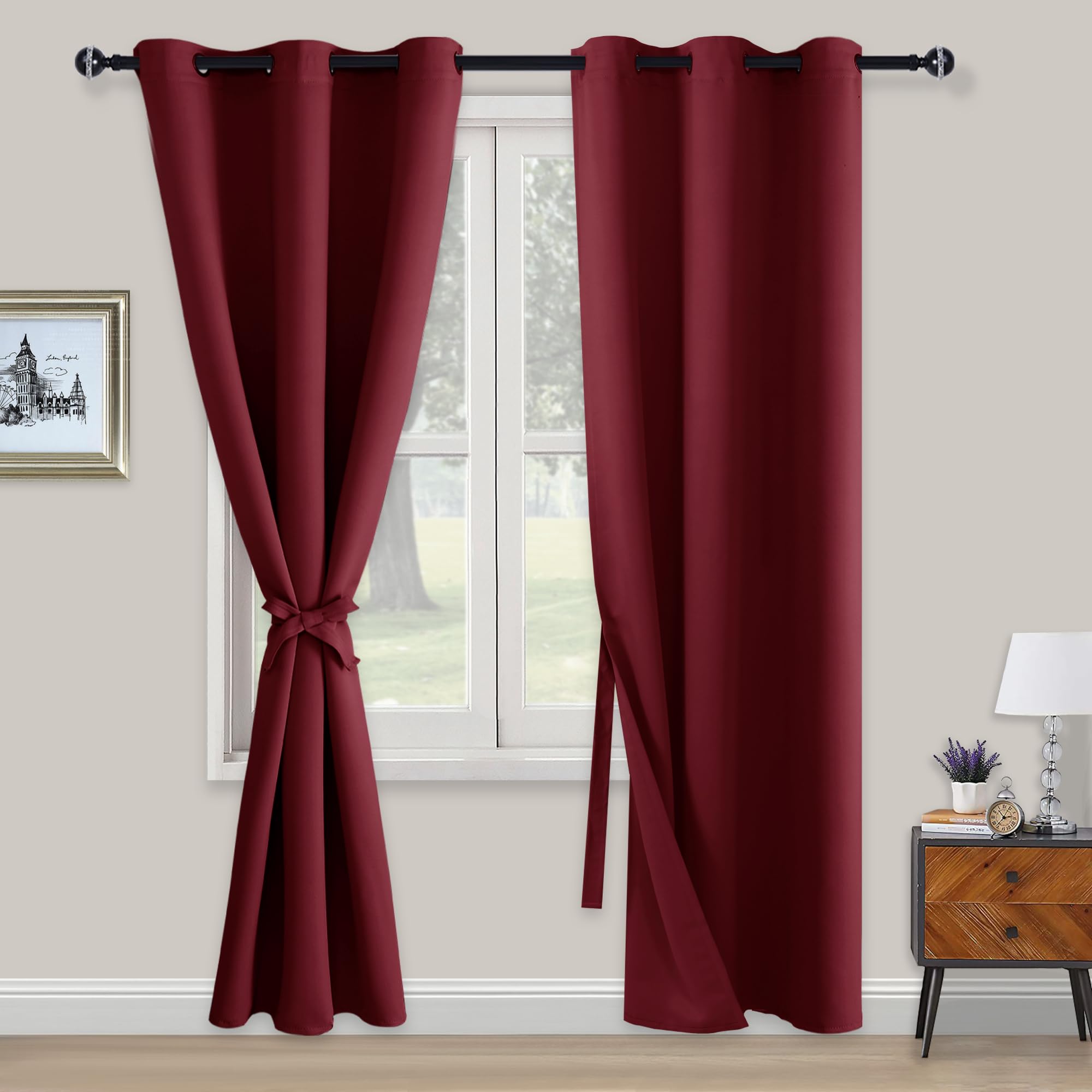XWZO Blickdichte Vorhänge Verdunklungsvorhänge mit Ösen 2 Stücke Gardienen mit Raffhalter Lichtundurchlässige Vorhänge für Schlafzimmer,WonhzimmerBüro, 229x117 cm, Bourgogne