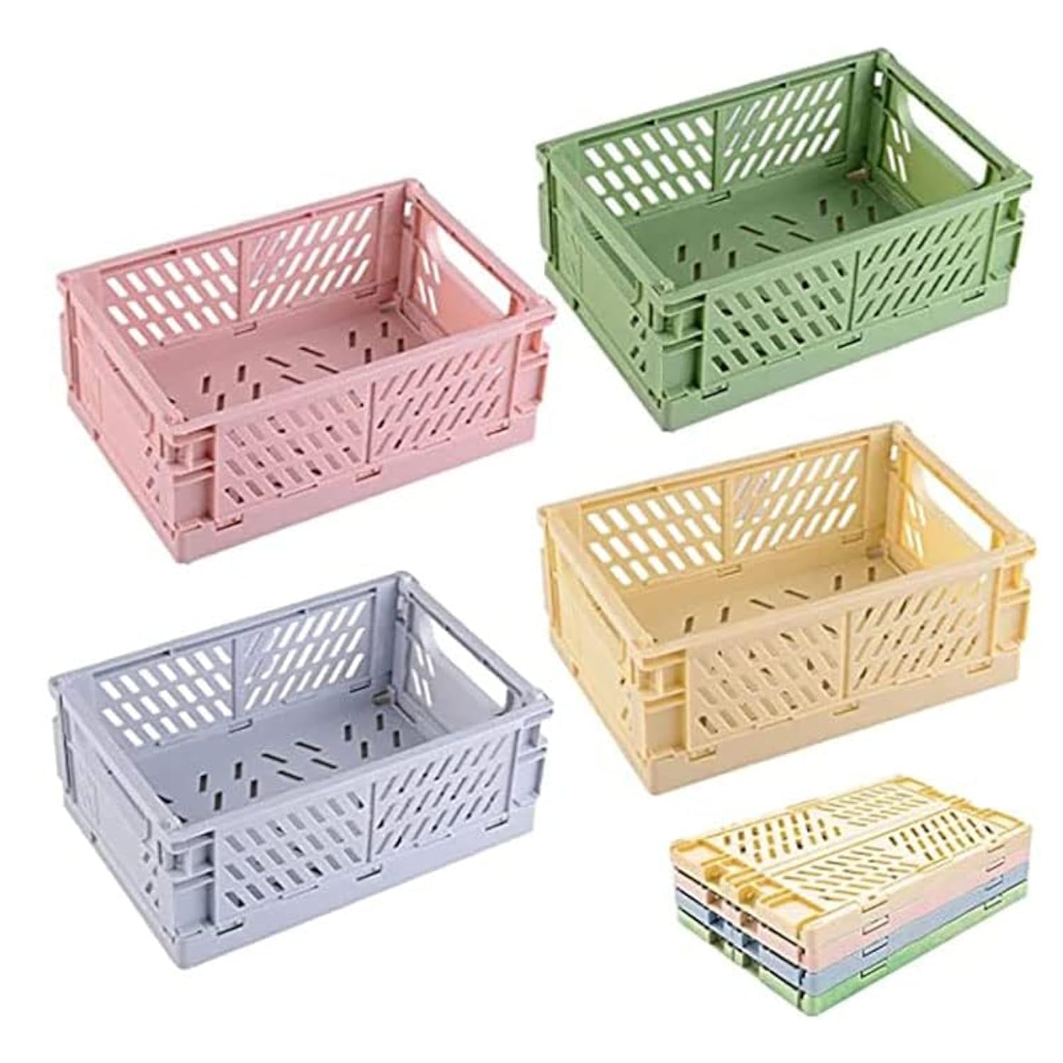 QYINXIU 4-Pack Folding Storage Crate, 4 Pack Mini Pastel Crates for Storage, Plastic Baskets for Shelf Storage Organizing, Durable and Reliable Folding Storage Crate, For Home Kitchen and Office