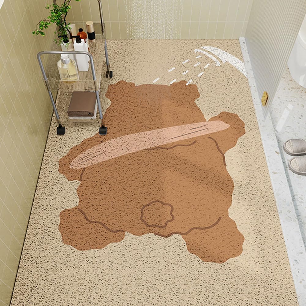 Soft Animal-Design Rubber Loofah Bath Mat(Bear Khaki,80x120cm)