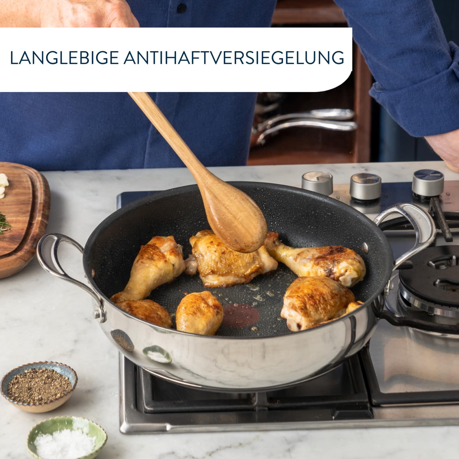 Tefal Jamie Oliver Cook‘s Classic Servierpfanne 30 cm, Schmorpfanne Induktion mit Antihaftversiegelung, Thermo-Signal bei idealer Brattemperatur, für alle Herdarten geeignet, Edelstahl, E30690
