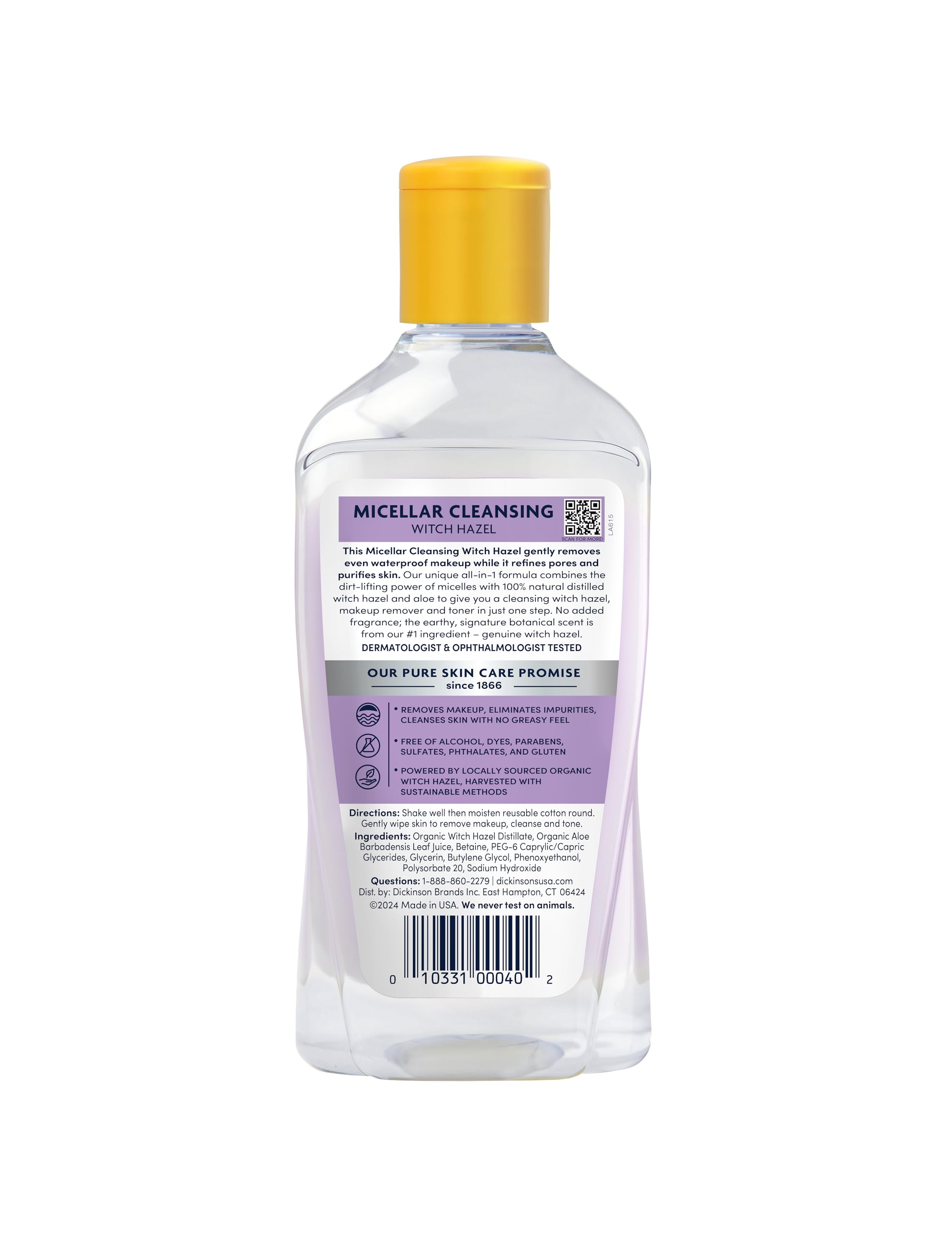 Dickinson's Micellar Cleansing Witch Hazel, An All-in-1 Makeup Remover, Pore Refiner, Skin Cleanser and Toner; Alcohol Free with Aloe, for Sensitive Skin, 16oz