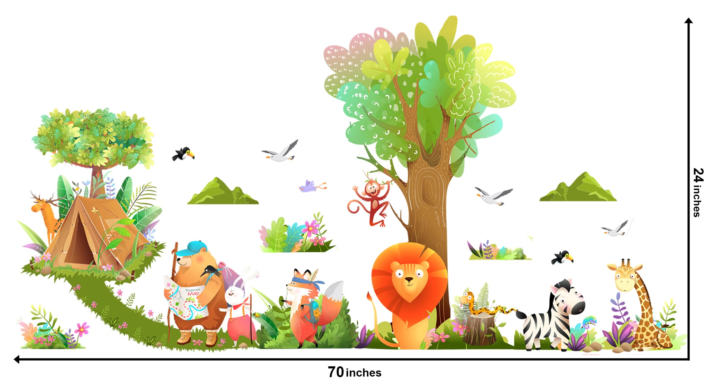 Safari Animals Tree Wall Decals Forest Giraffe Bear Fox Lion Jungle Wall Stickers Baby Nursery Kids Bedroom Living Room Wall Decor