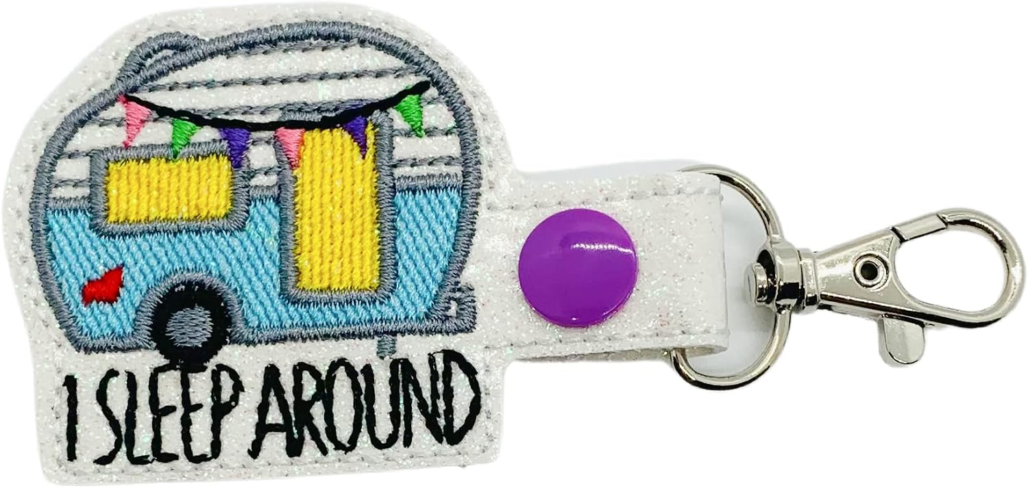 I Sleep Around Keychain, Funny RV Camping Key Fob, Camping Swivel Clip on Bag Tag