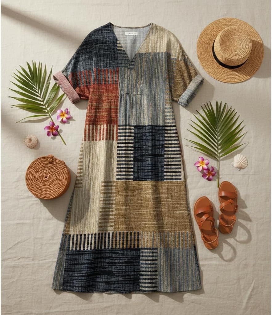 Akivide Women's V Neck Boho Floral Linen Maxi Dress Casual Plus Size Long Sleeve Beach Vacation Tunic Dresses with 2 Pockets - Image 3