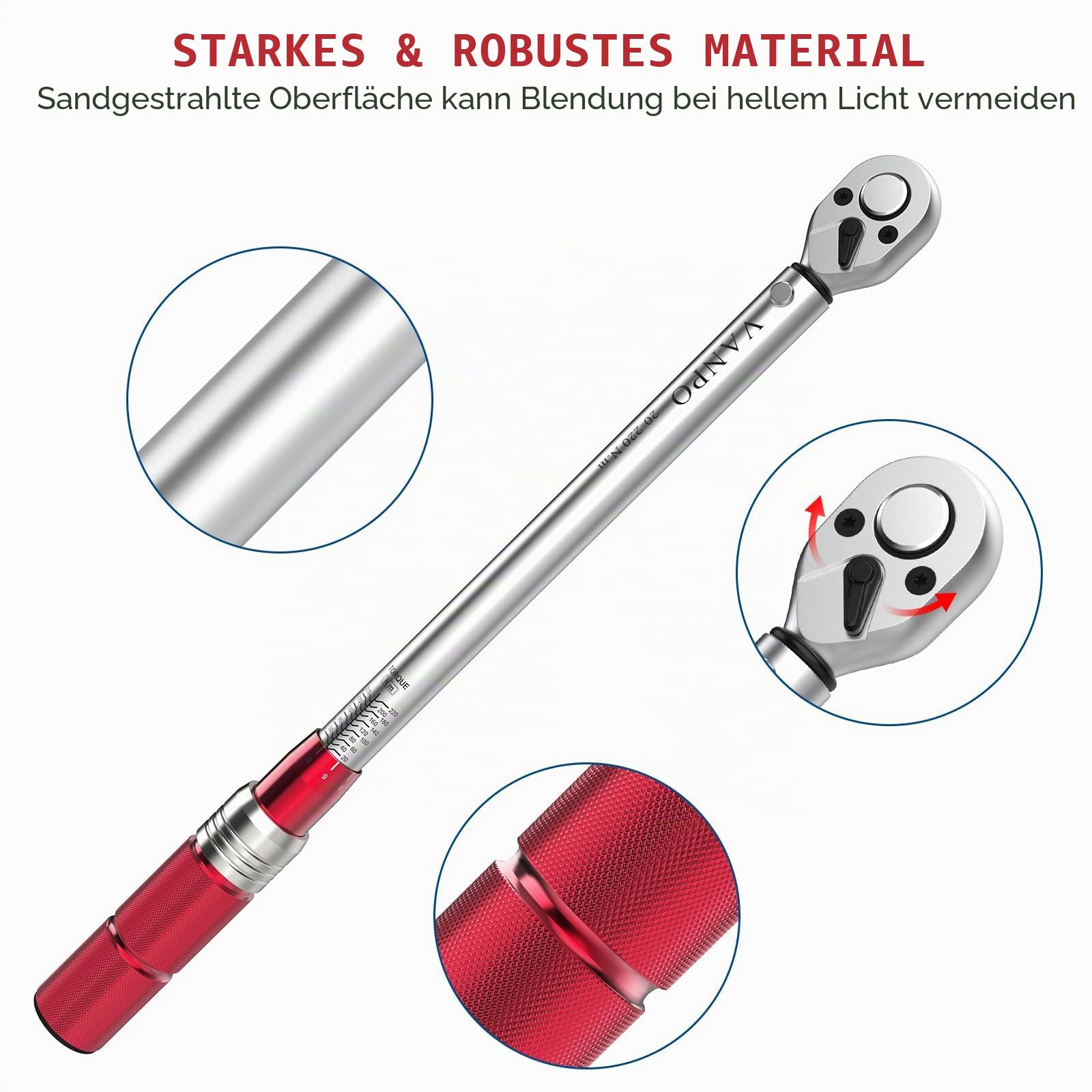 VANPO Drehmomentschlüssel 1/2", 20-220 Nm Drehmoment-Schlüssel 8 tlg. Set, ± 3% Fehlergenauigkeit mit 2 Verlängerung, 5 Stecknüsse 17mm, 19mm, 21mm, 23mm,24mm Reifenschlüssel für Auto, LKW, Motorrad | 8-tlg. Drehmomentschlüssel Set: 5 Nüsse (17/19/21mm)