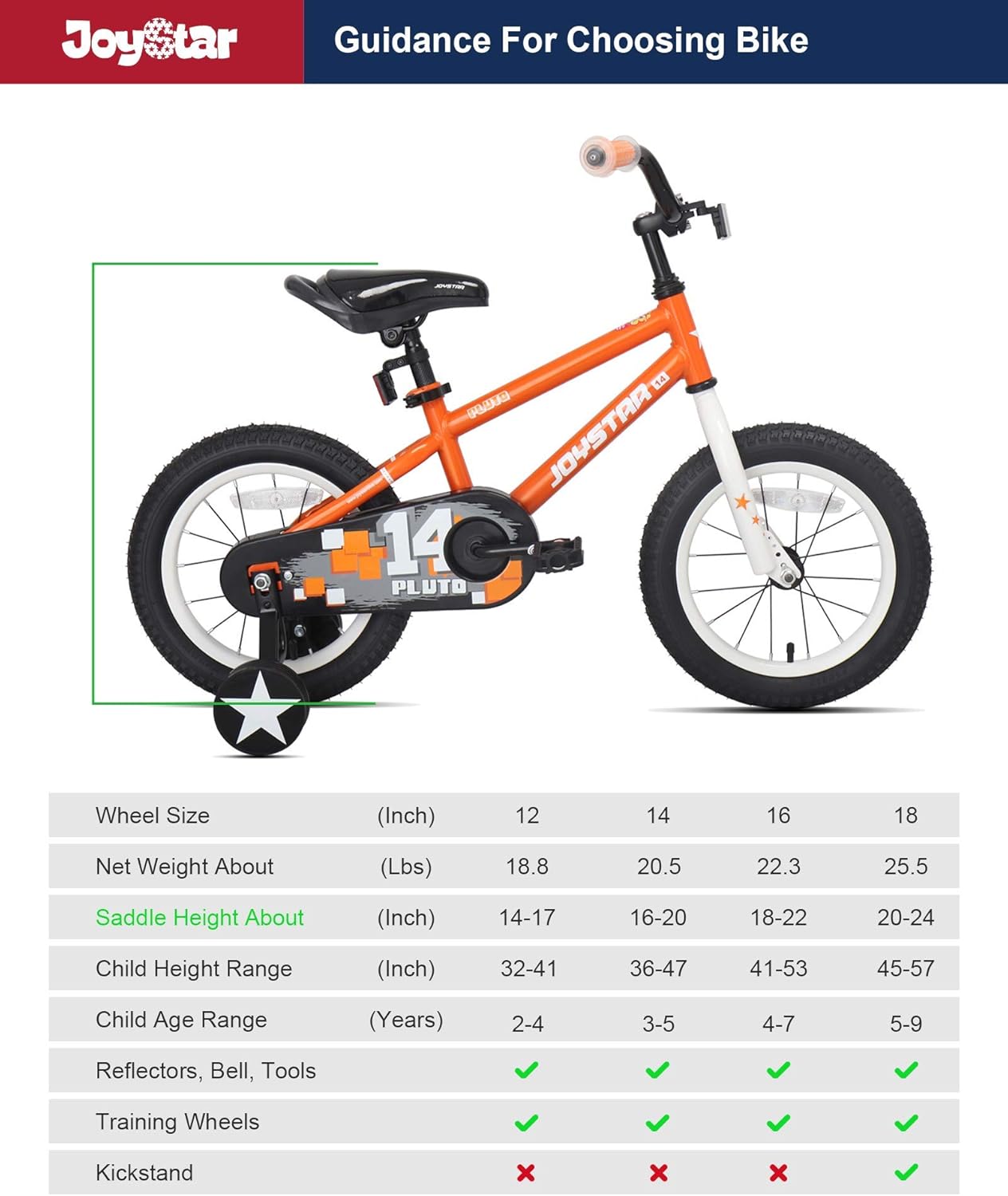 JOYSTAR Pluto Kids Bike with Training Wheels for 12 14 16 18 20 inch Bike, Kickstand for 18 20 inch BMX Freestyle Bicycle (Black Blue Red Green Orange Pink Golden) : Sports & Outdoors
