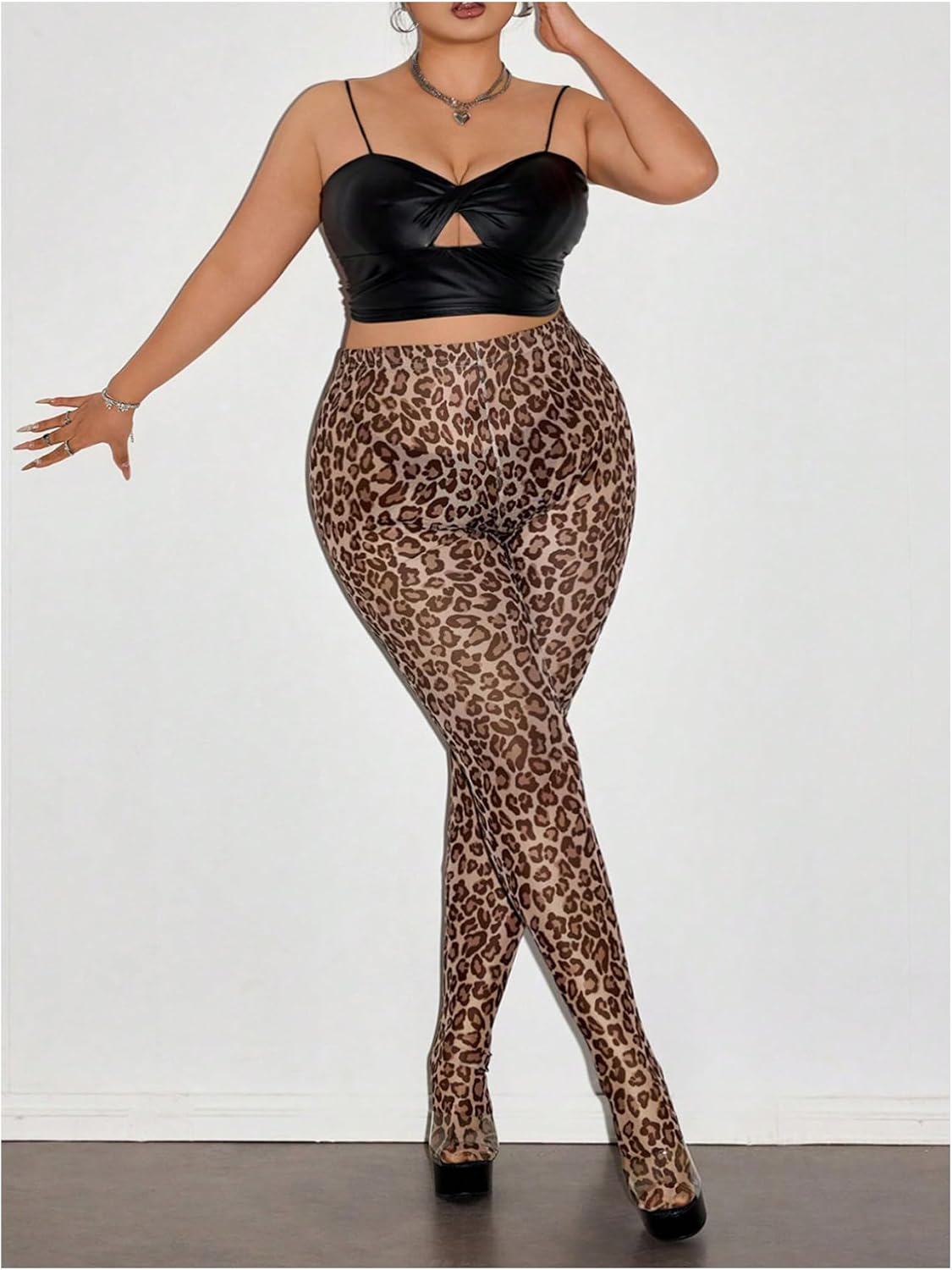 MakeMeChic Women's Leopard Print Tights Mesh High Waist Skinny Pants Y2K Leggings - Image 3