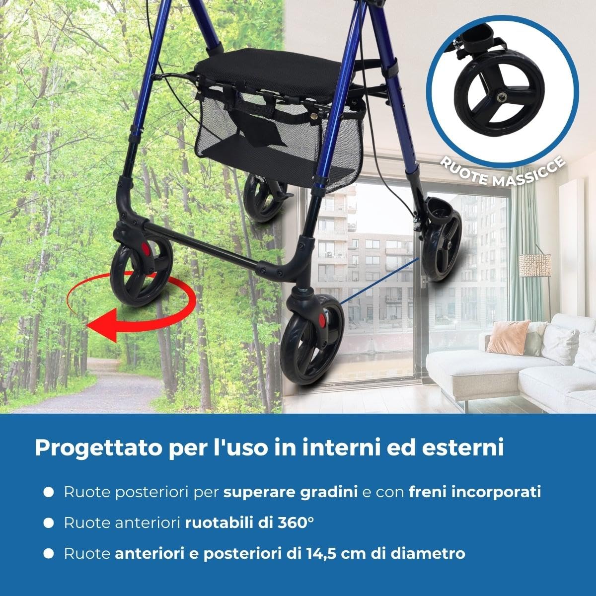 Mobiclinic®, Deambulatore per anziani, Pieghevole, Leggero, Augusto, Alluminio, Con cestino, Regolabile, Gambe e maniglie regolabili, Marchio europeo, Seduta 4 ruote, Adulti o disabili