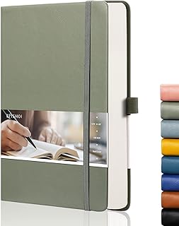 EMSHOI A5 Notebook Dotted Journal - 21.4 x 14.5 cm, 256 Pages, 120gsm Thick Paper, Pen Holder, Back Pocket, Hardback Faux Leather Notepad for Women Men Bullet Journaling - Green