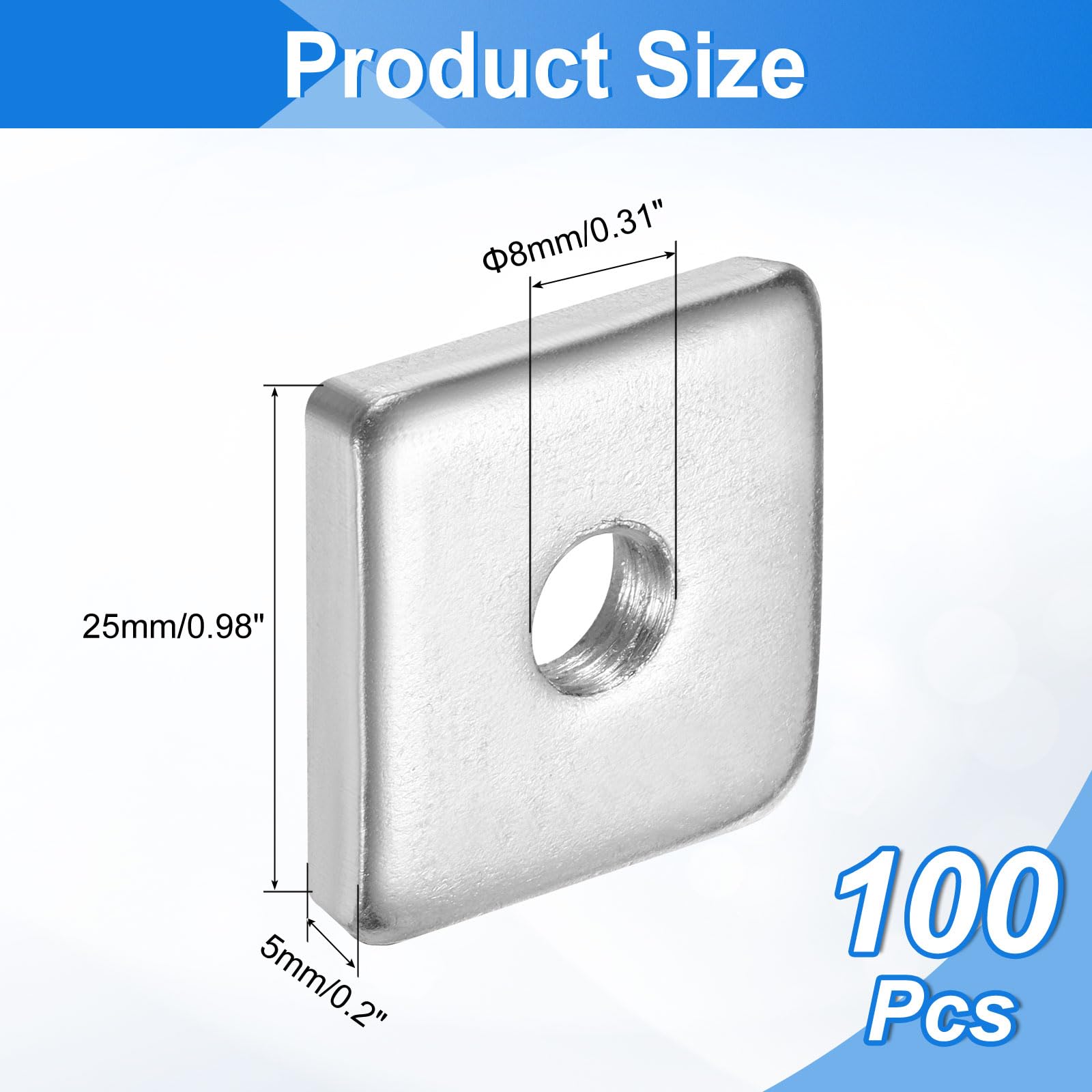 QUARKZMAN 100Pcs Tuercas Cuadradas M8x25mmx5mm, Acero Al Carbono Zincado Tuercas Cuadradas de Roscado Grueso Para Reparaciones Del Hogar E Ingeniería Profesional, Plateado