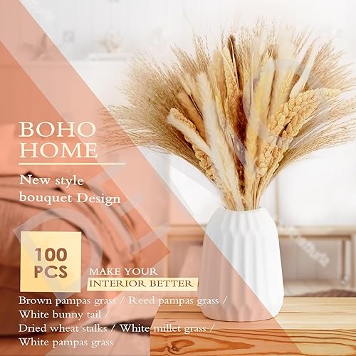 Miniatura 2 de 100 piezas de decoración de hierba de pampa seca natural, pompas florales de 17 pulgadas, 30 cañas, 15 hierba de pampa blanca, 15 pasto de pampa