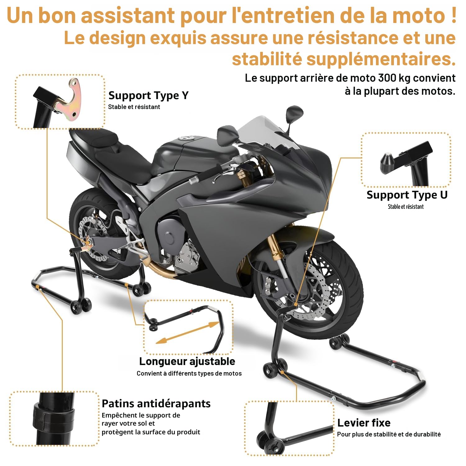 Ikodm Support de montage moto Support moto et lève-moto avant, support de montage avant, dispositif de levage, largeur réglable, travaux d’entretien/montage pour motos jusqu’à 300 kg, Noir