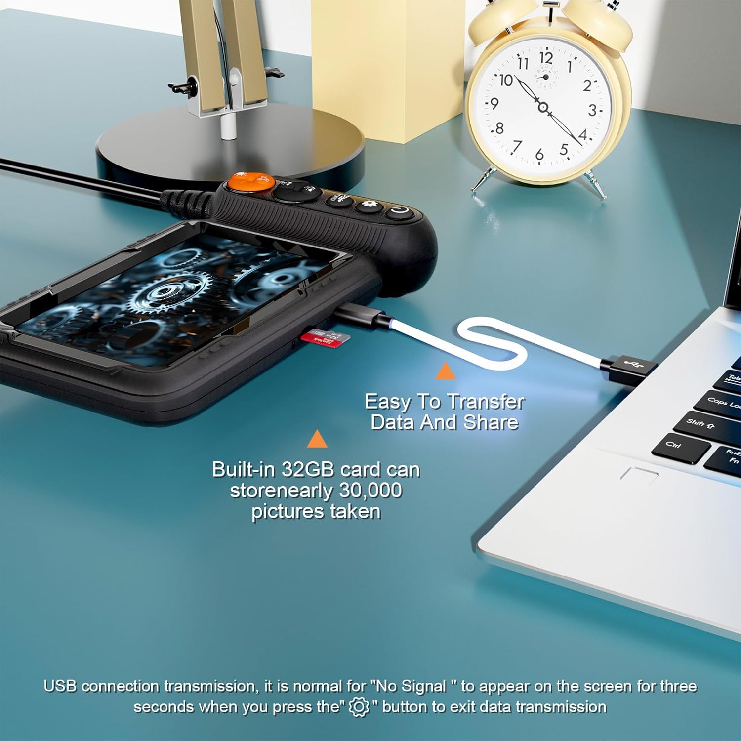 Endoscope connected to a laptop via USB-C for data transfer