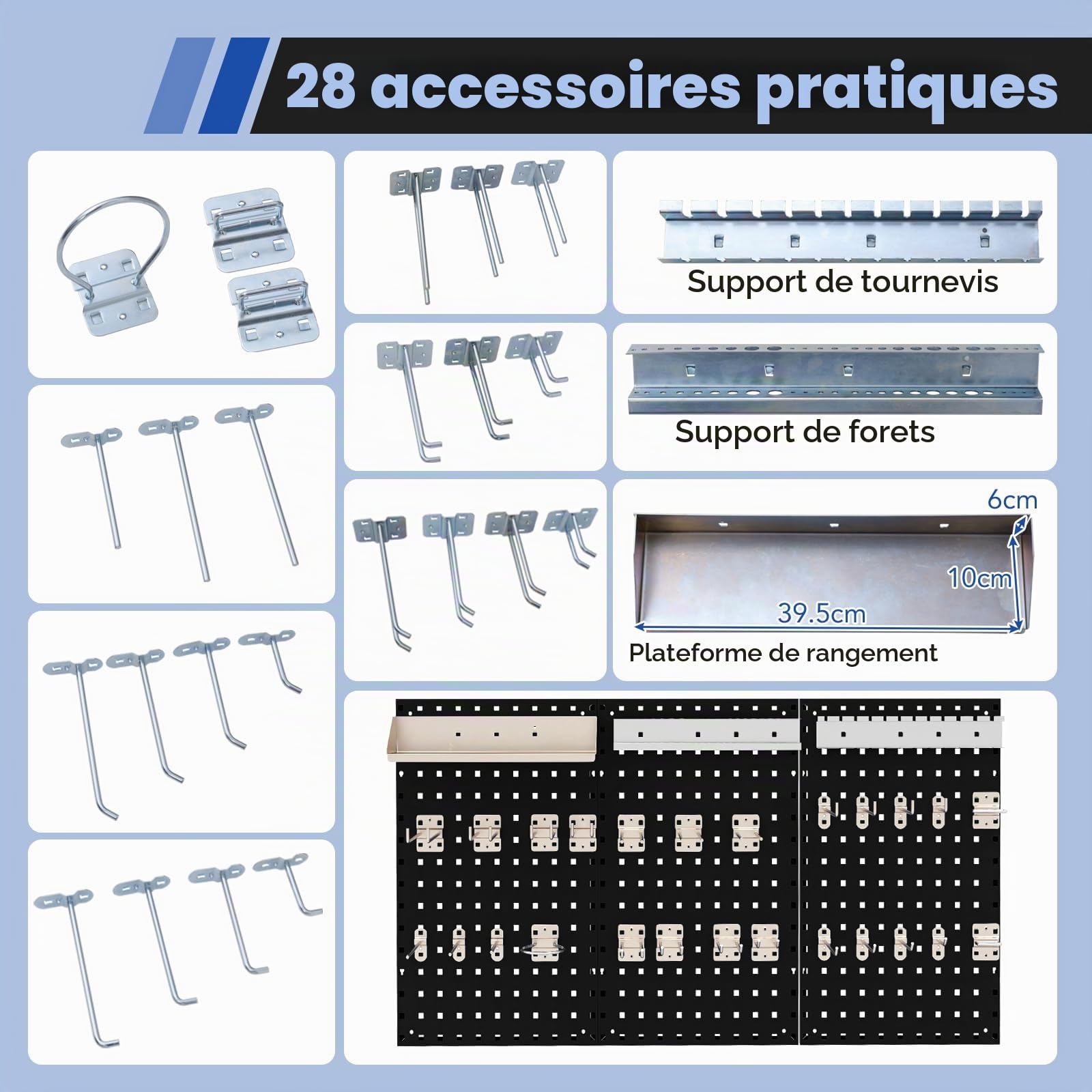 SOARS Porte Outils Mural 120 X 60 CM, 3 Panneaux Perforé (Noir)
