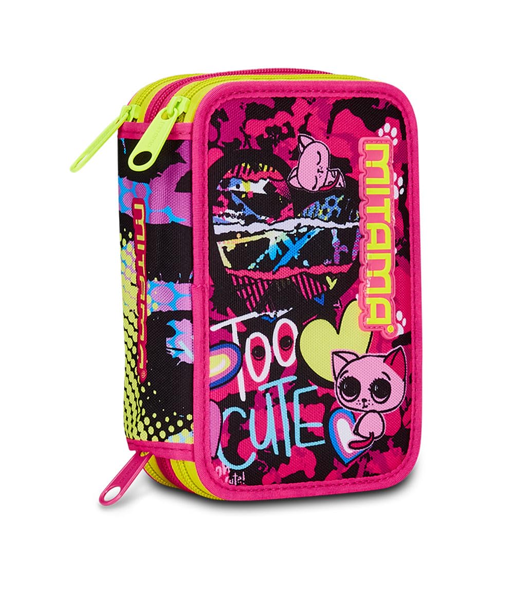 Mitama Estuche Escolar con 3 Compartimentos, Too Cute, Contenido 47 Piezas, Completo de lápices, rotuladores, portalápices Escuela Primaria niña, Rosa, Talla única, Estuche con 3 Cremalleras