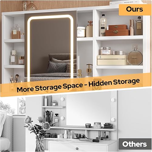 Miniatura 5 de Escritorio de tocador con espejo deslizante y luces LED, mesa de maquillaje inteligente con estación de carga, soporte para secador de pelo, 7