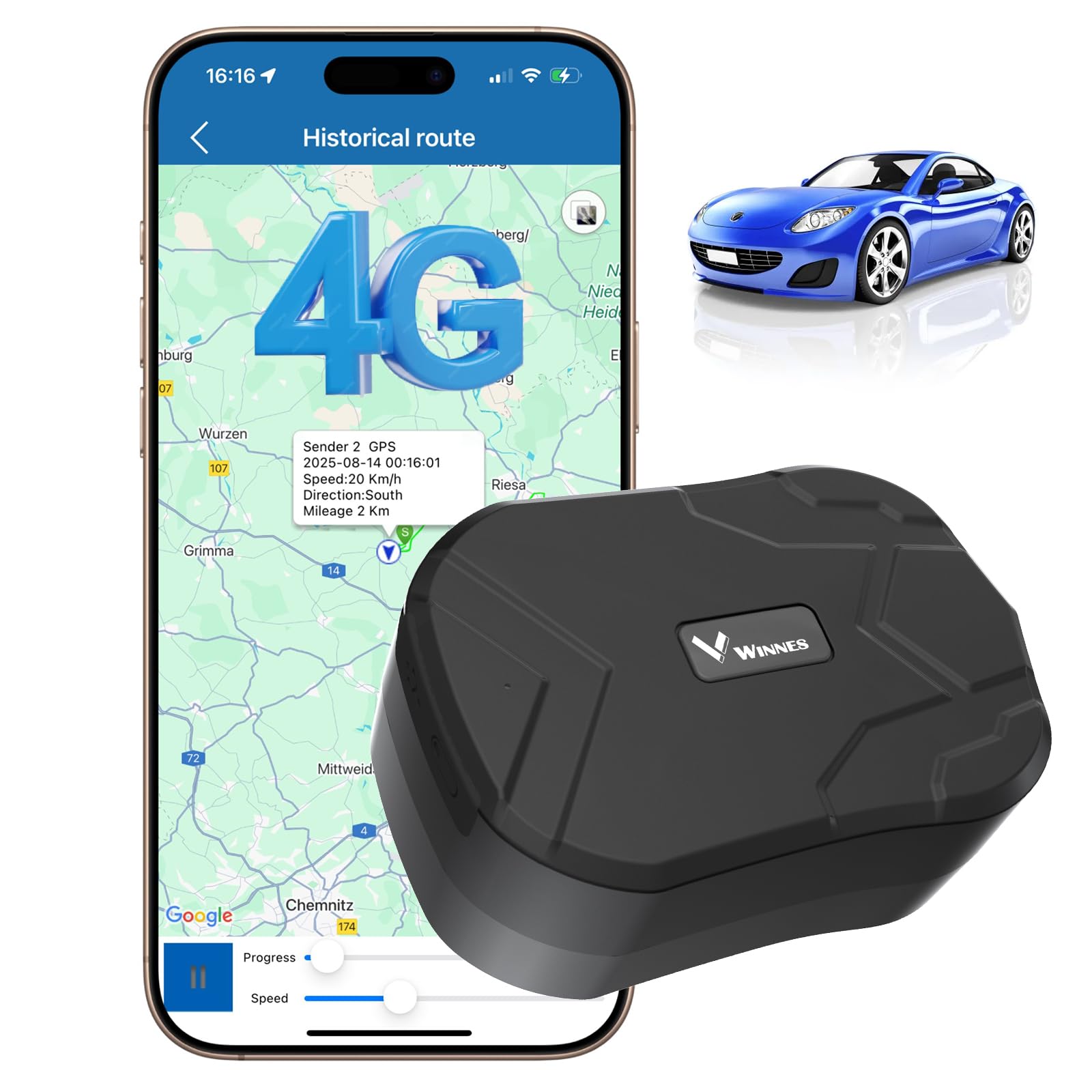 Winnes 4G GPS Tracker Auto Ohne ABO 20000mAh,240 Tage Standby, TK905C GPS Tracker Echtzeit-Ortung mit Starker Magnet, Wasserdicht,SMS/APP/Web Vibrationsalarme, Geeignet für Einzelpersonen/Flotten