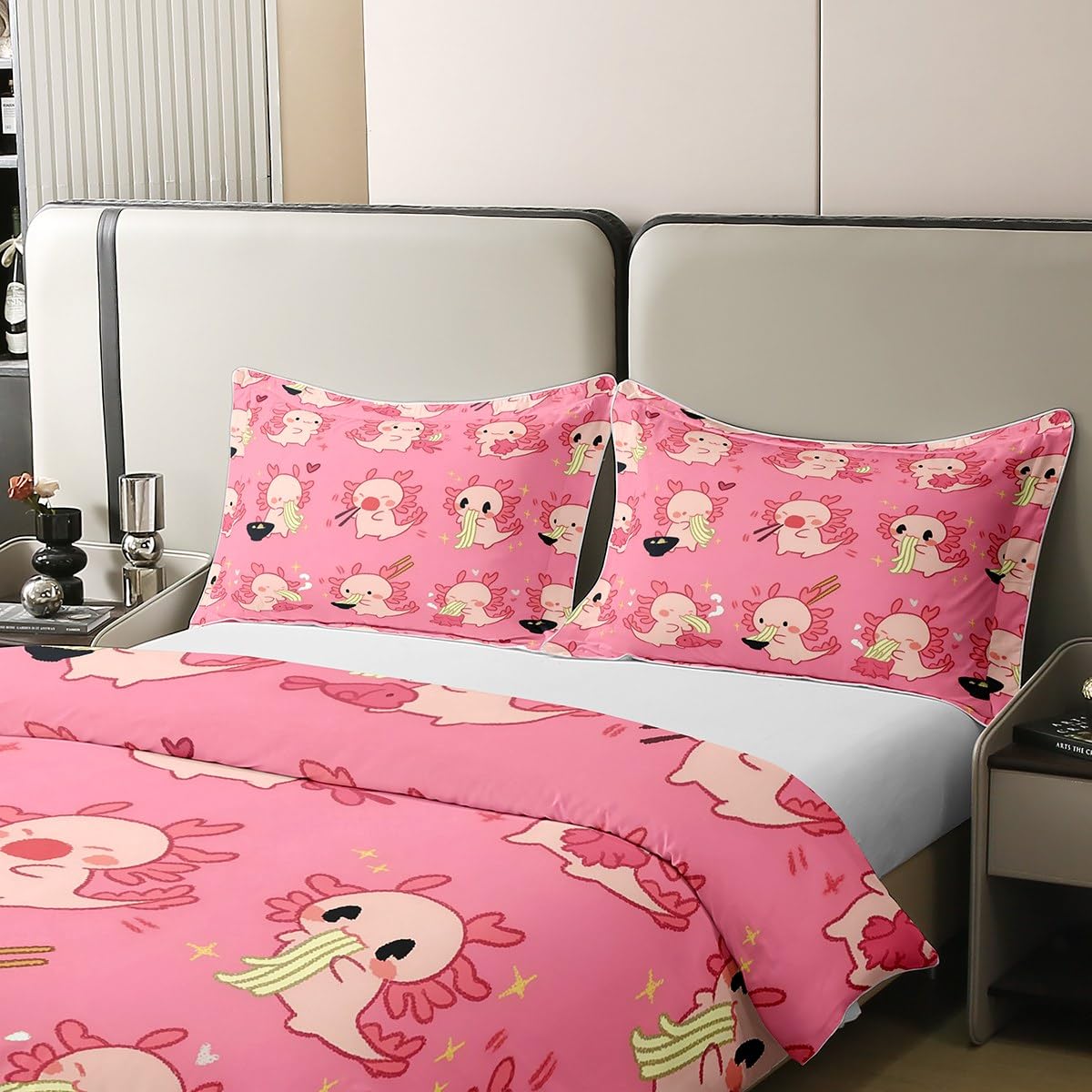 Loussiesd Lustige Axolotl 100% Baumwolle Bettwäsche Set 200x200cm Nette Axolotl Fisch Geschenke für Kinder Jungen Mädchen Bettbezug Ultra weiche Axolotl gezogen Nudeln Muster Betten Bettwäsche-Set