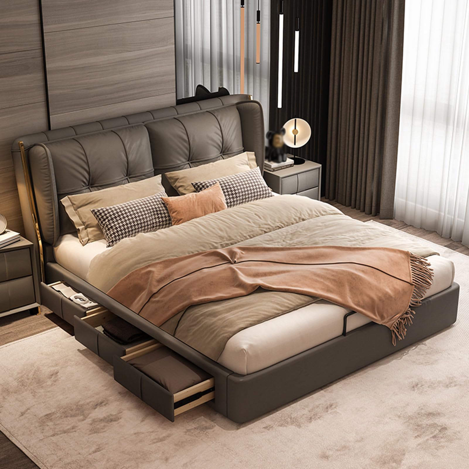 OUDINI Leather Bed Double Modern Storage Platform Bed Frame Modern King Size Upholstered Platform Bed Frame No Box