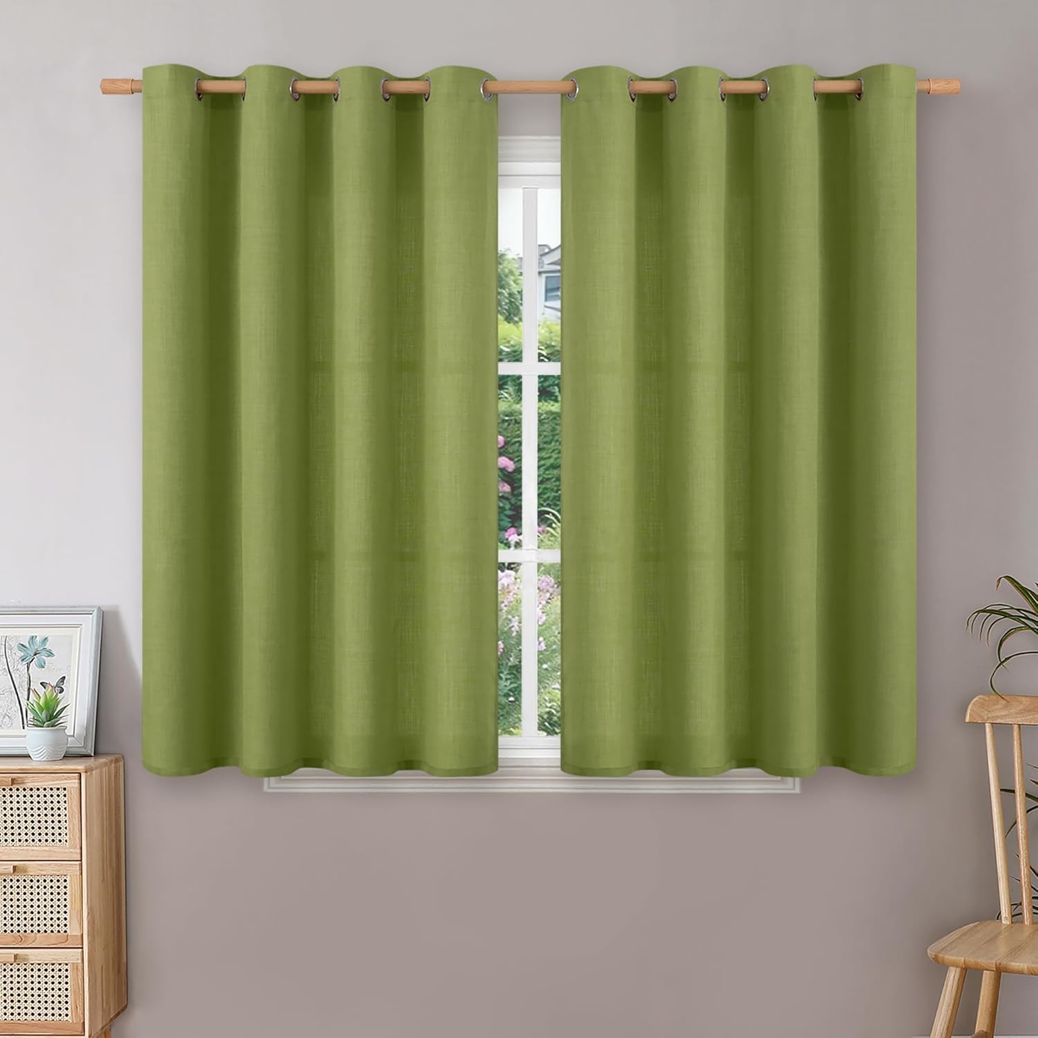 BGment Short Curtains for Bedroom,45 inch Length Faux Linen Curtains for Small Window Grommet Non-See Through Privacy Light Filtering Burlap Textured Kitchen Window,2 Panels,52 x 45 Inch,Olive Green 52"W x 45"L (Pack of 2) Olive Green