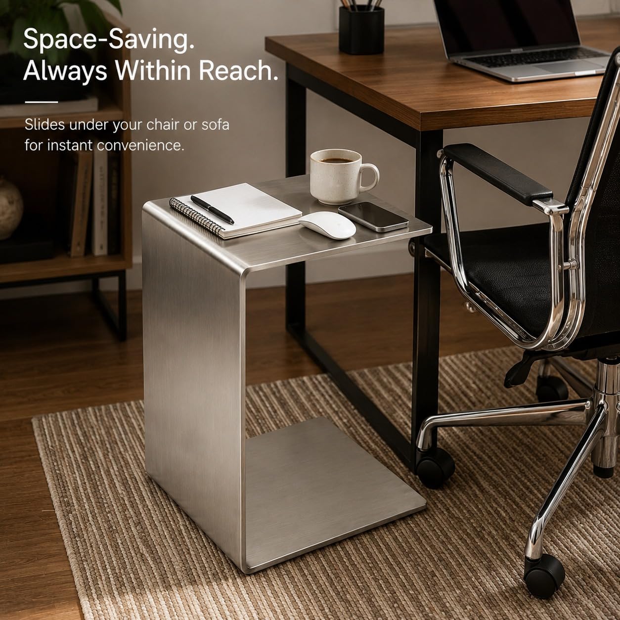 Stainless Steel C-Shaped End Table, Silver Sofa Bedside | one-piece bent form, brushed finish, pre-assembled, end table