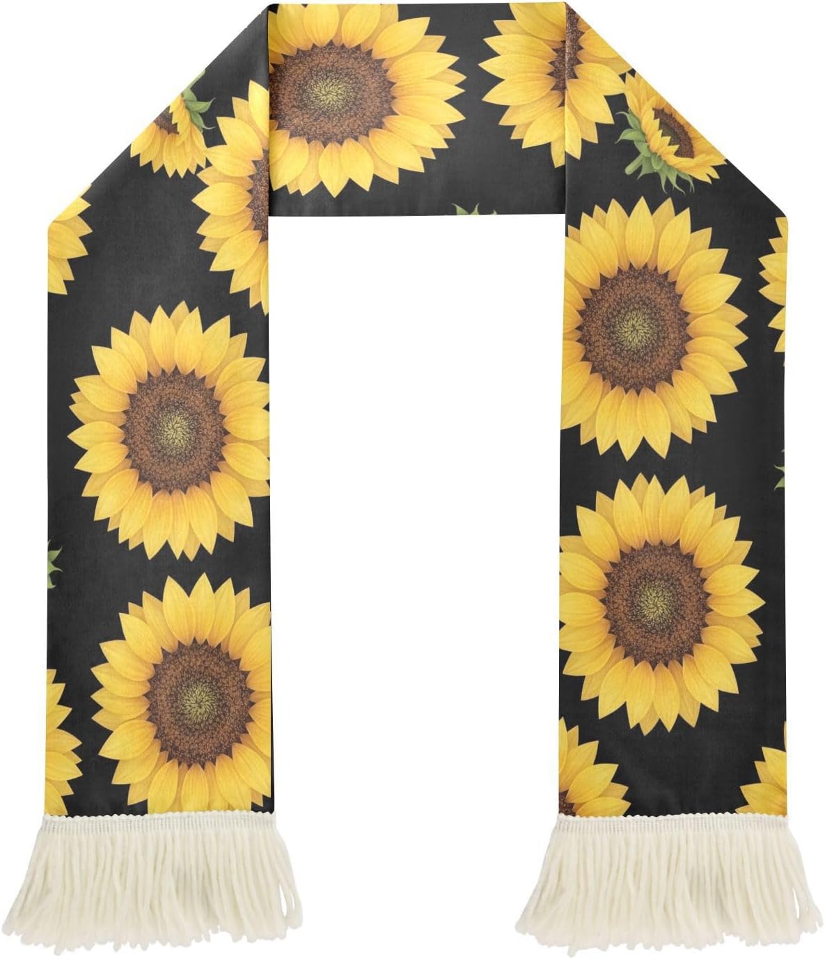 CHIFIGNO Sunflowers Black Sports Fan Scarf Towel, Soft Quick Dry Polyester Cheering Scarf for Soccer Games, Fringed Rally Towel
