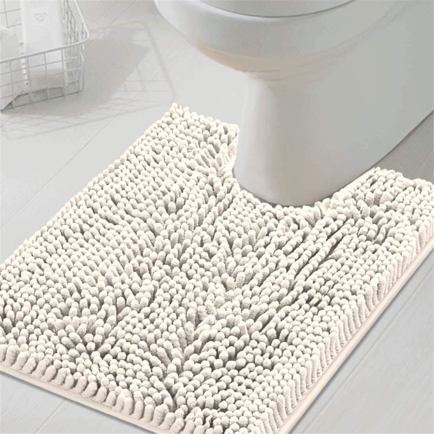 LINFKY Chenille Toilet Mat U-Shaped Toilet Bathroom Rugs, Soft Absorbent Non-Slip Shaggy Contoured Rugs, Machine Washable Contour Bath Mats for Bathroom Toilet, 20" x 24" (Ivory)