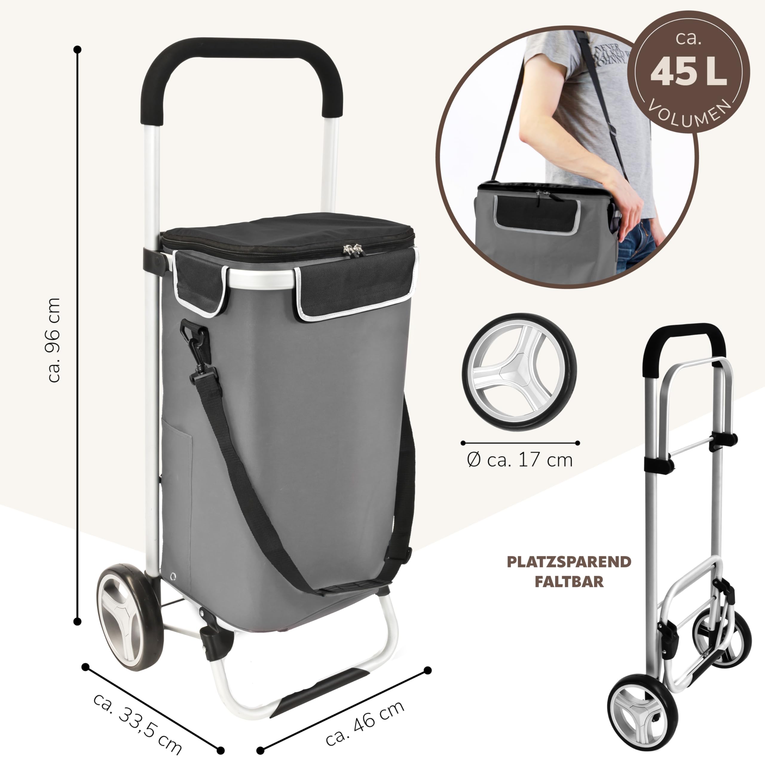 bremermann Einkaufstrolley BRINKUM - 45 L Kapazität, Faltbarer Einkaufswagen, mit Abnehmbarer Tasche inkl. Kühlfach, Einkaufschip, Einkaufswagenhalterung und Reflektorstreifen (Grau)