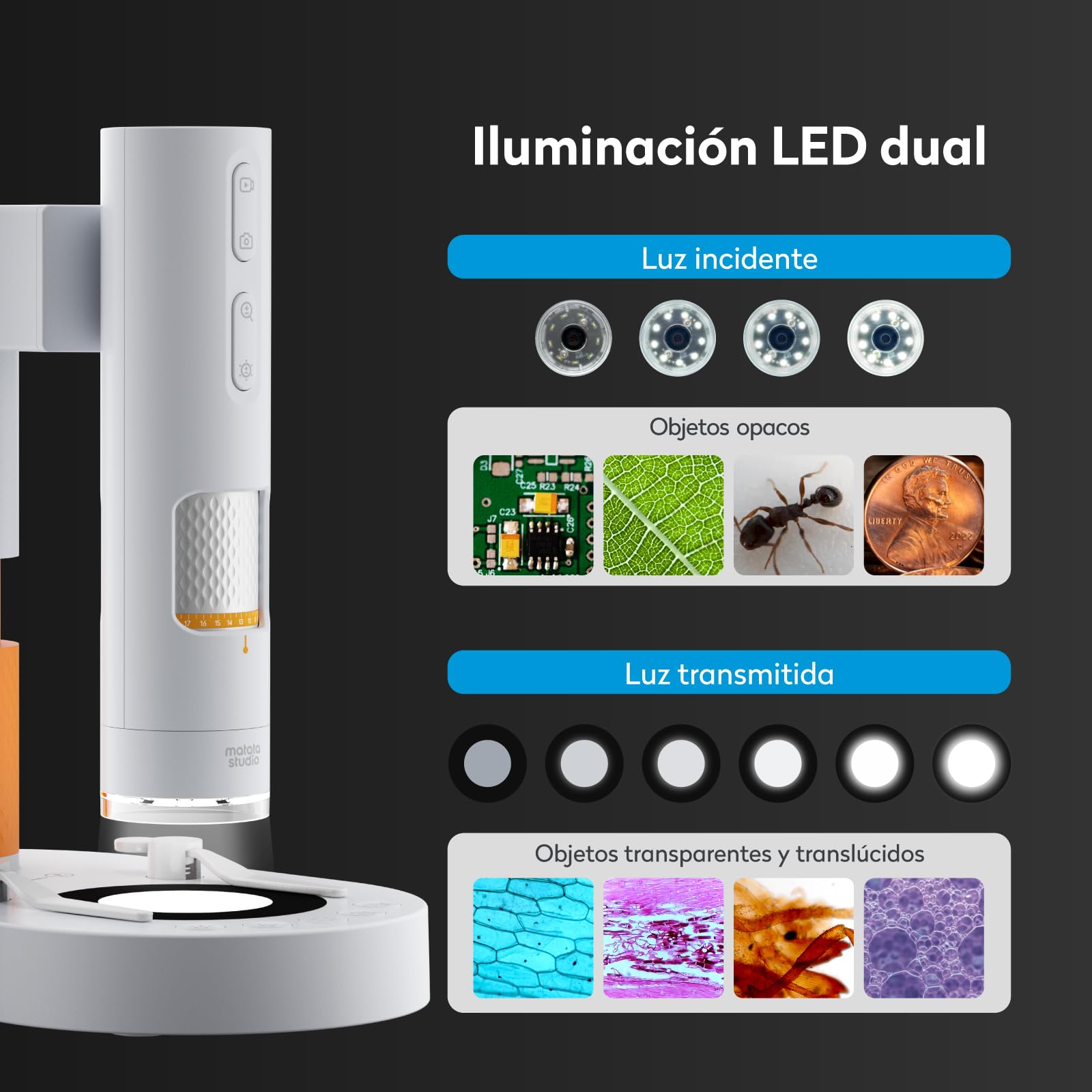 MX1-AS Microscopio Portátil para Niños 3.5x-1000x con Soporte Funcional, 2 Leds, Portaobjetos, soporta Foto y Video Microscopio Digital USB Profesional para Infantil Adultos Laboratorio