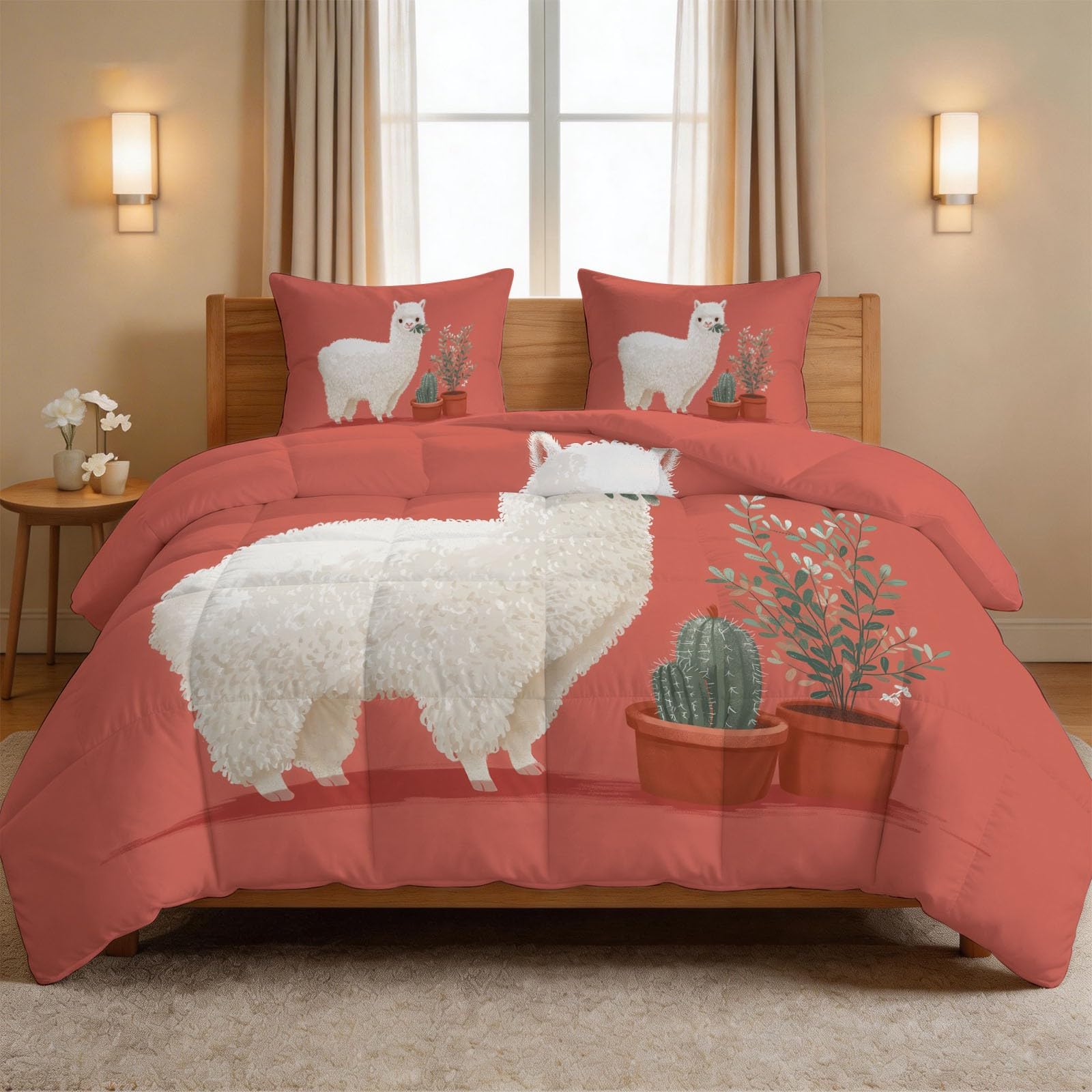 Couette doux et léger 230 x 220 cm motif cactus avec ses deux taies d'oreiller carrées