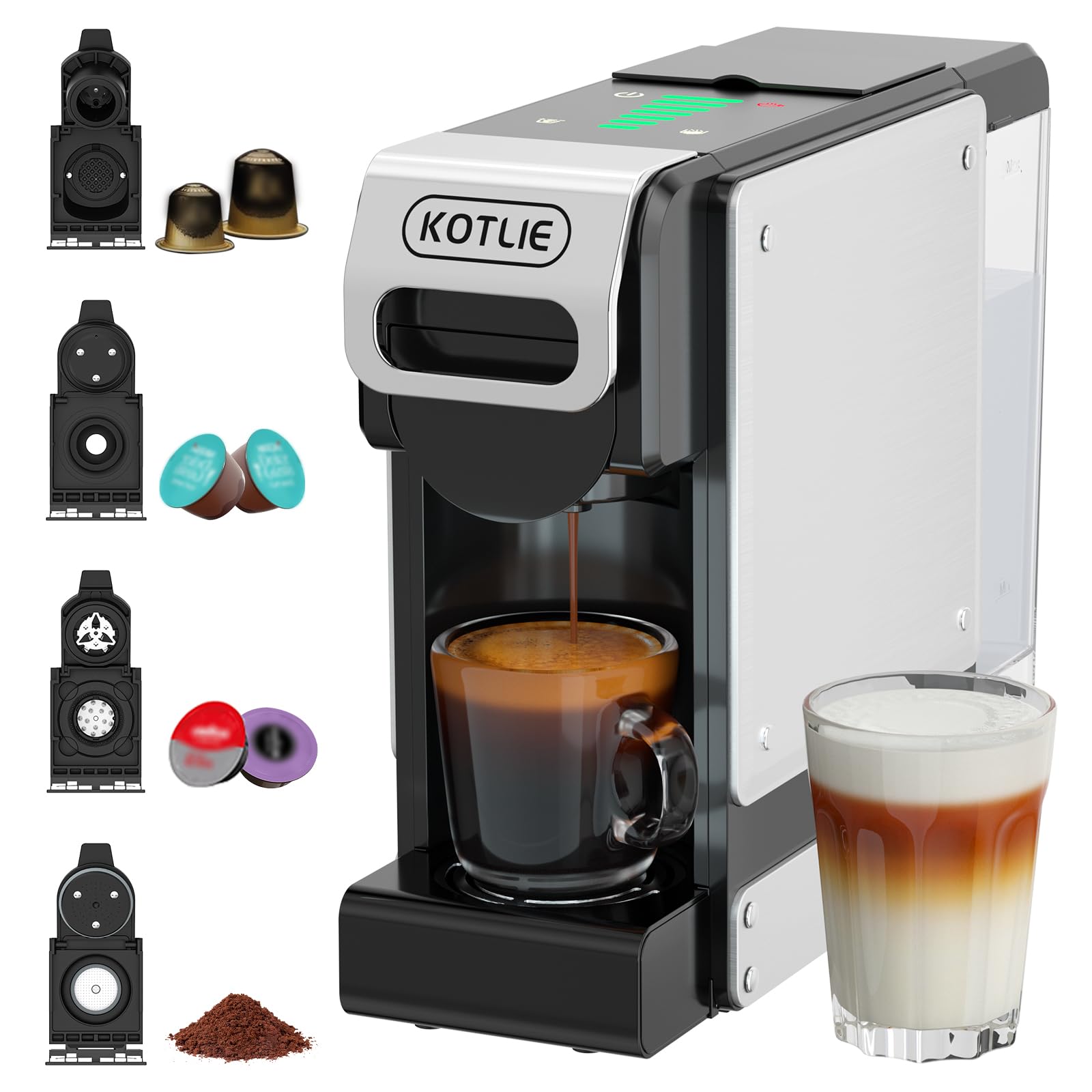 4 en 1 Máquina de Café en Cápsulas 19BAR para Lavazza MIO/Nespresso Original/Dolce Gusto cápsulas y Café Molido, Máquinas Automáticas de Café Espresso en Cápsulas Pequeñas, 1L, 1450 W (BLACK-ES)