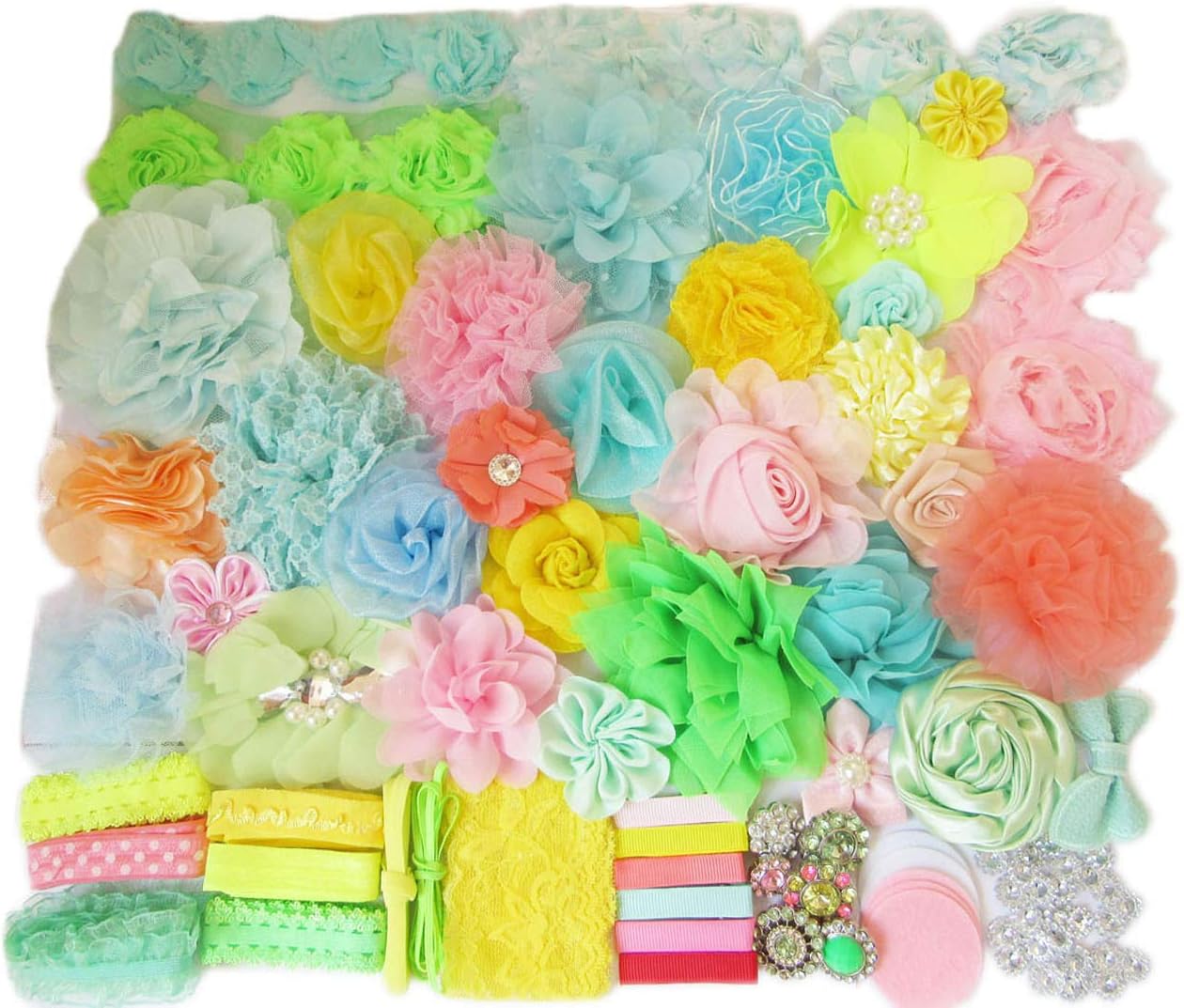 YYCRAFT Craft Flowers/Fold Over Elastics/Clips Kit for DIY Headband - Chiffon Hair Flower for Hair Bow Craft - Make 32 Headbands and 6 Clips(Mix Color)