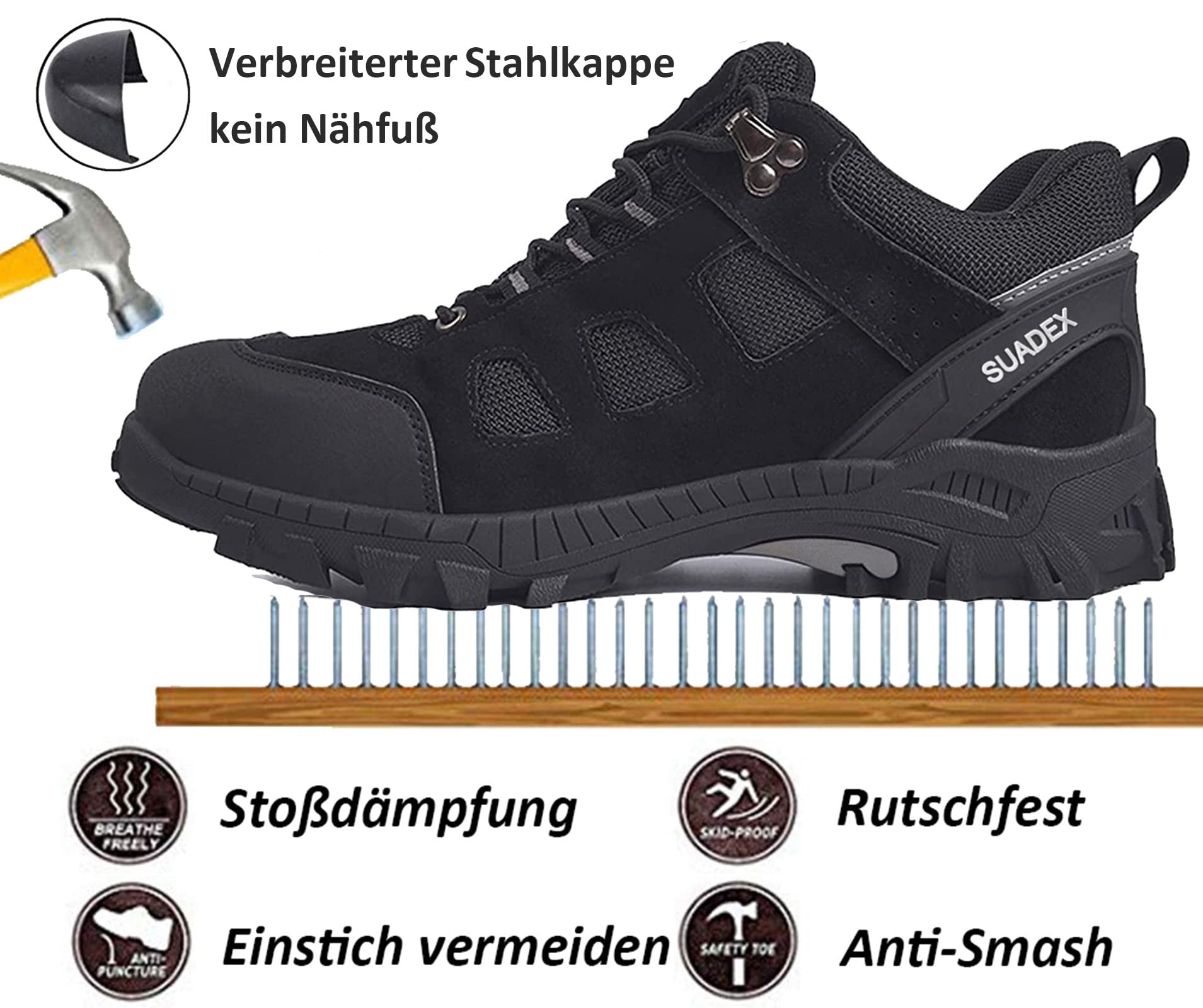 SUADEX obuwie antyfortunistyczne męskie buty damskie buty robocze męskie 37-48 EU, 1875 Czarny, 41 EU