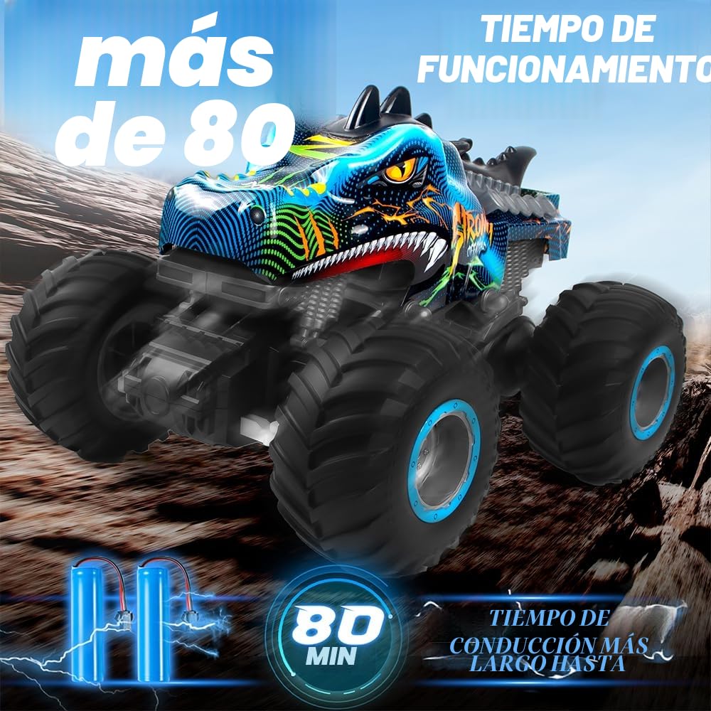 Coche teledirigido 1:16 RC Dinosaurios Monster Truck 2.4GHz 20 Km/h Radiocontrolado Todo Terreno con Niebla rociadora música Luces LED Regalo para niños de 4 5 6 8 años