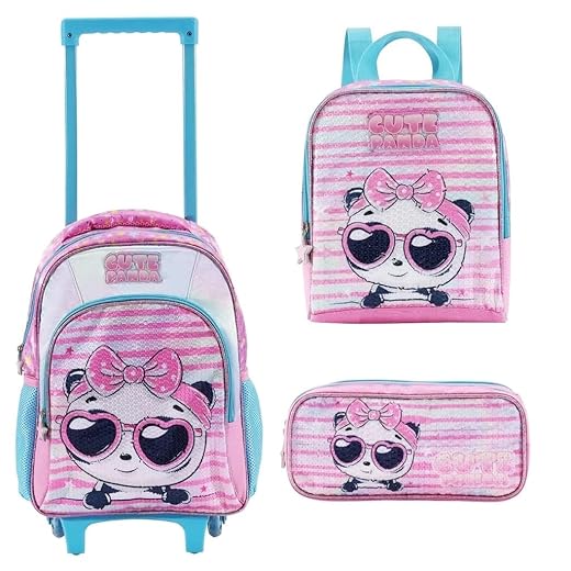 Kit Mochila Escolar com Rodinhas, Lancheira, Estojo Porta Lápis, Infantil, Menina (Cute Panda)