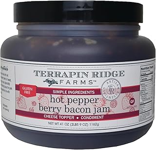 Terrapin Ridge Farms Hot Pepper Berry Bacon Jam - Sweet & Spicy Blend of Raspberries, Strawberries, Roasted Red Peppers & Bacon - Perfect for Appetizers, Marinades, and More - 1 Quart (41 Ounces)