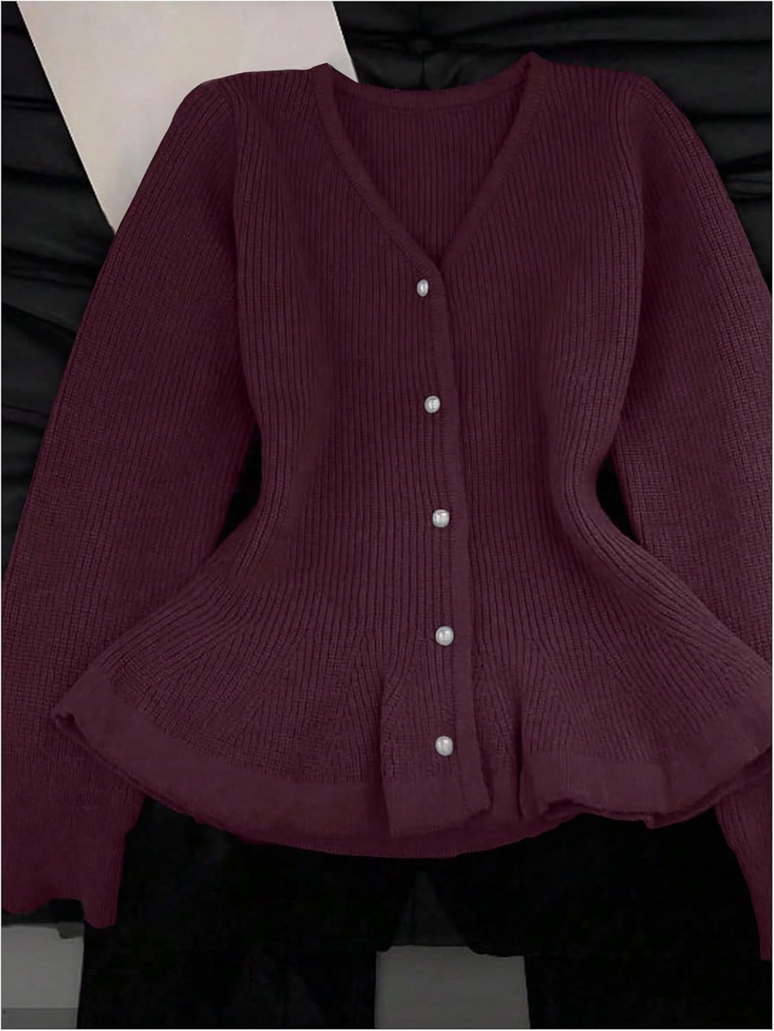 Verdusa Women's Dressy Casual Pearl Button Up Cardigan Peplum Sweater Ruffle Cinched Waist Knit Outerwear - Image 4