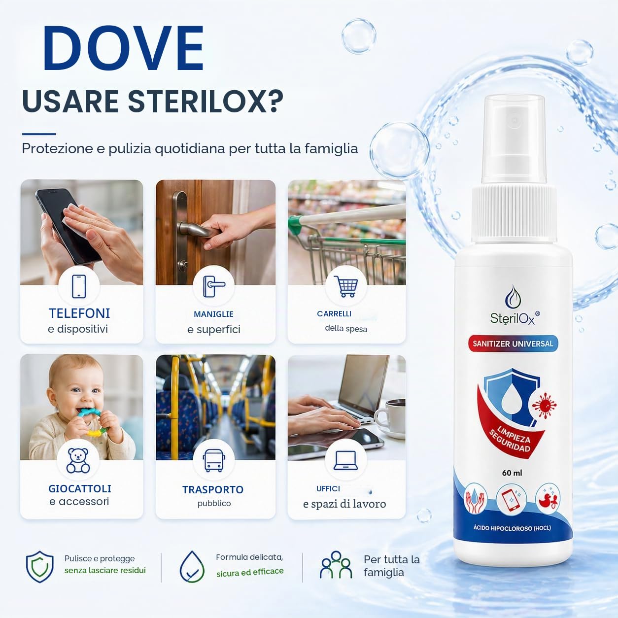 60 ml, spray cosmetico antisettico, per mani, giocattoli, piatti, oggetti, sicuro per bambini e animali domestici, senza alcool, senza profumo, con acido ipocloroso (HOCl)