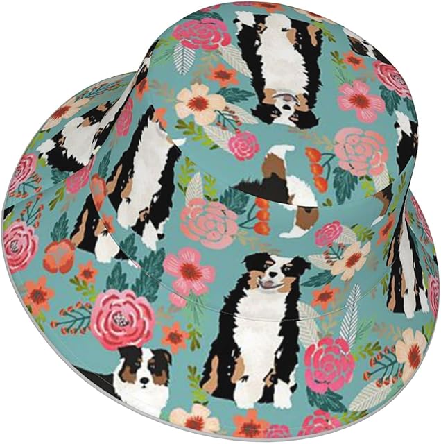 Hushuigeee Bucket Hat Border Collie Florals Printed Beach Fisherman Hats with Night Reflective Strip Reversible Sun Hat for Men Women