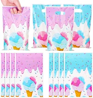 JamboRella Ice Cream Party Favor Bags 40 Pack, Plastic Goodie Candy Treat Bags with Handles, Pink and Blue Cute Sweet Summer Theme Birthday Party Supplies