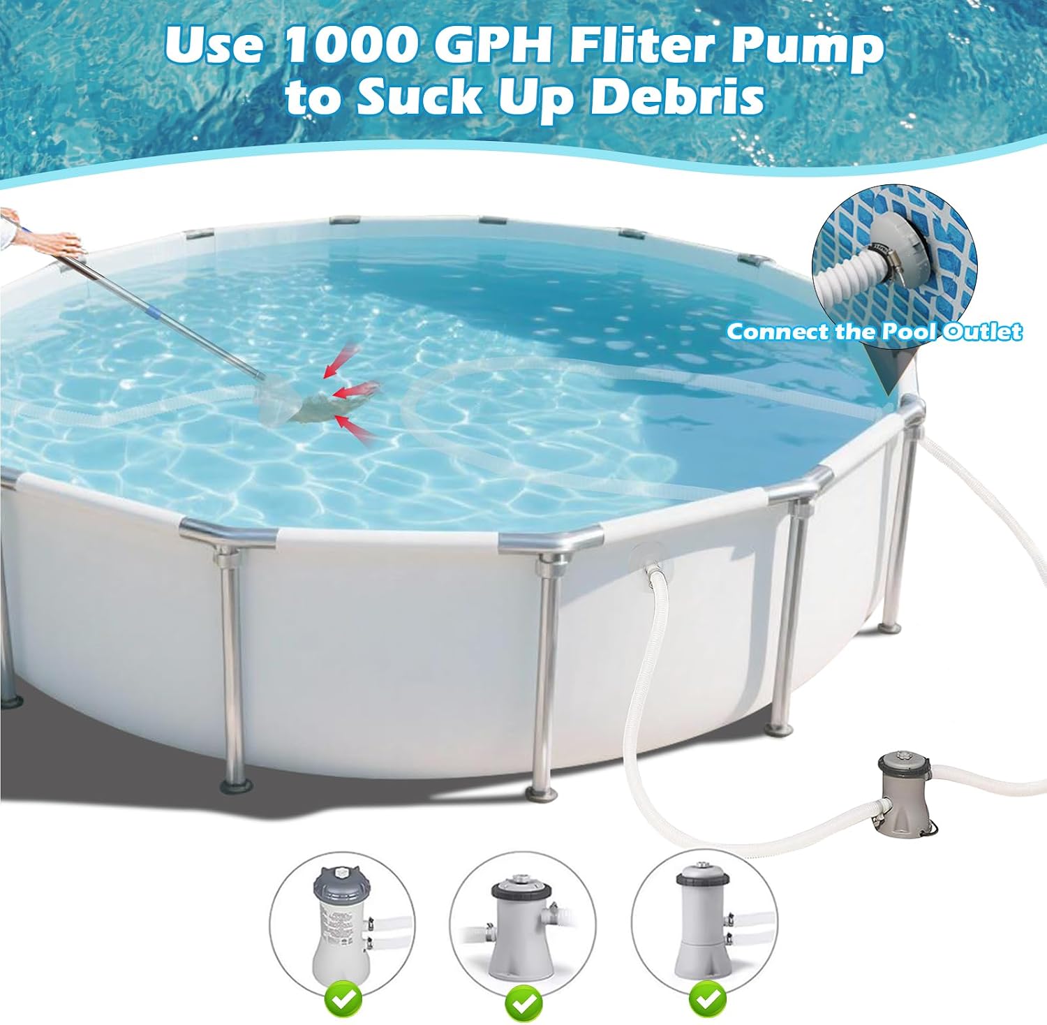 Nicenicy Pool Vacuum for Smaller Above-Ground Pools, Pool Cleaner with Telescopic Pole & 13ft Hose, Handheld Pool Vacuum Driven by Filter Pump, Pool Cleaning Kit for Small Above-Ground