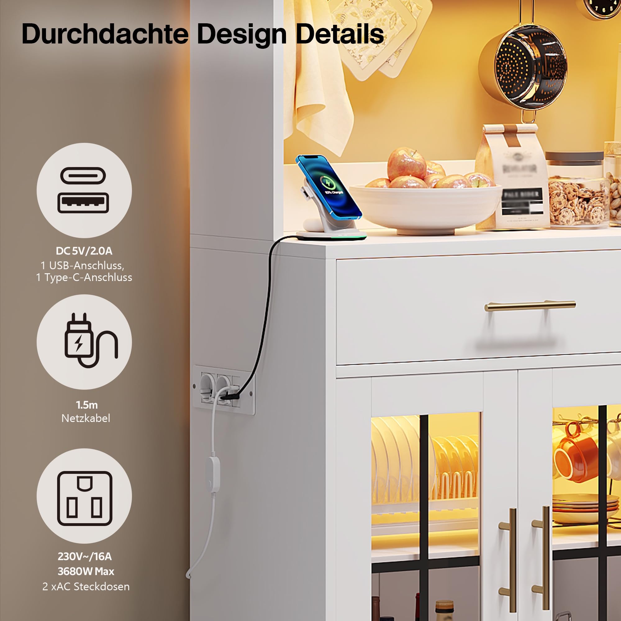 Küchen-Anrichte Weiß mit LED, Steckdose, 6 Türen & 2 Schubladen, 180x100cm