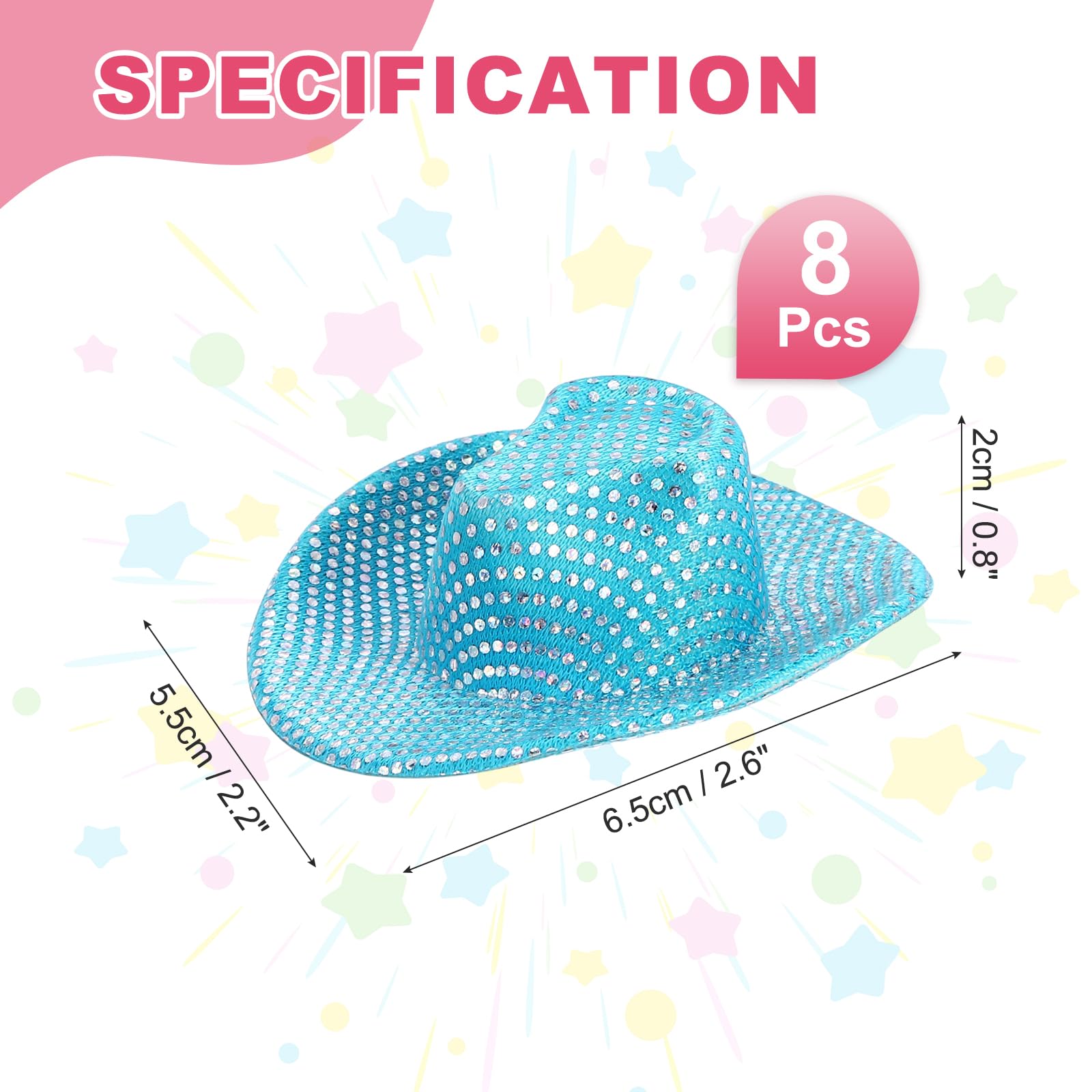 PATIKIL Mini Cowboy Hats, 8 Pcs Miniature Western Cowboy Hat for Crafts Party Decoration, Doll Pet Dress Up, Glitter Dot Style, Blue - Image 2