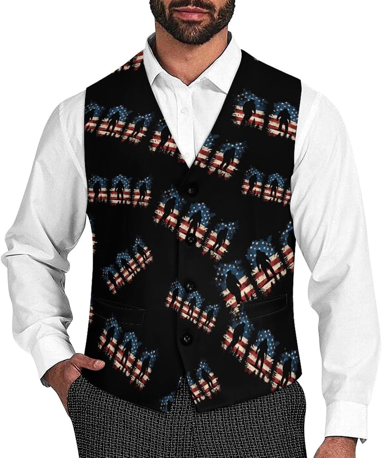 Bigfoot Sasquatch U.S. Flag Mens Suit Vests V-Neck Casual Vest Dress Formal Tuxedo Wedding Waistcoat
